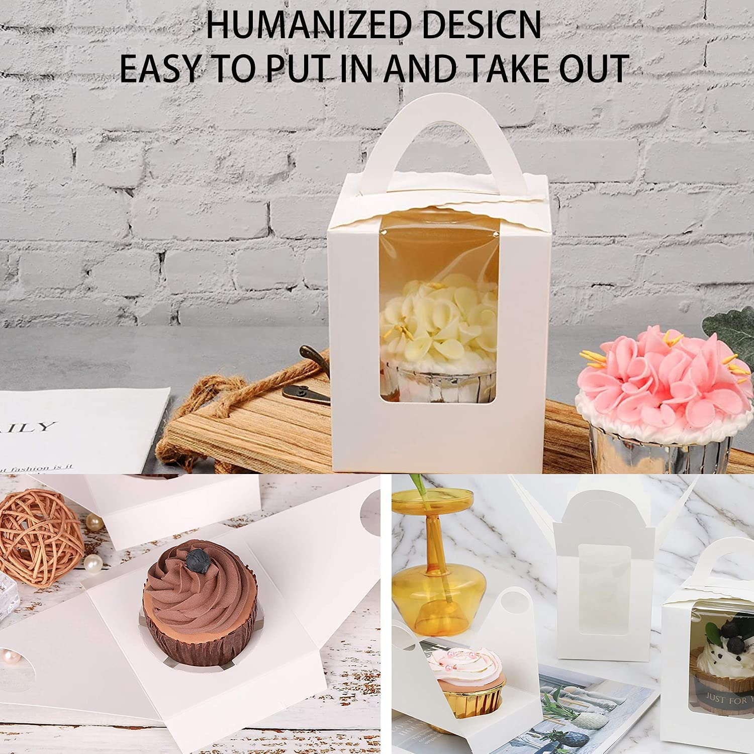50 Pack Cupcake Boxes, White Individual Cupcake Containers Single Cupcake Boxes Cupcake Holder with Windows Handle and Inserts for Muffins Cocoa Bombs Packaging Baking Wrapping Birthdays Party image number 4