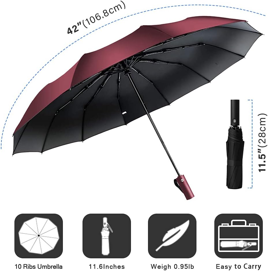 Feimvb Travel Umbrella, Windproof Automatic Umbrella Compact Sized Portable Personal Umbrella with 10 Rib Reinforced Canopy and Auto Open & Close Function image number 5