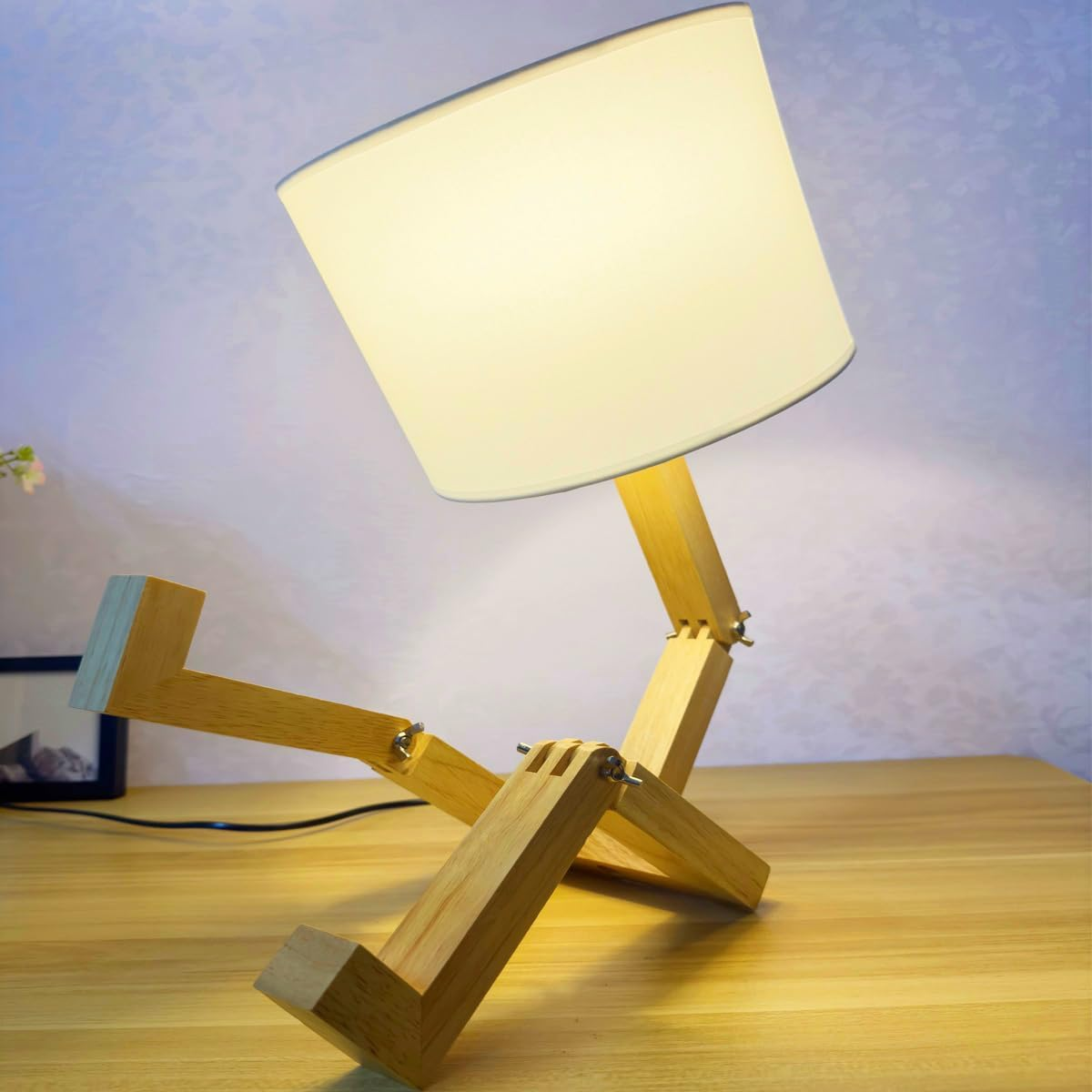 Cute Desk Lamp,Wooden Robot Table Lamps for Bedroom,Adjustable Head Unique Bedside Fun Funky Person Lamp for Home,Dorm Room,Kids Room,Office image number 6