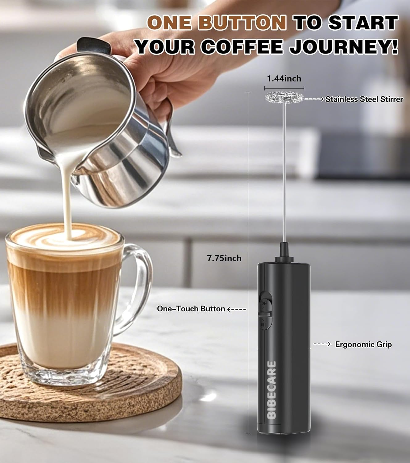 BIBECARE Milk Frother Handheld Powerful Mixer Mini Hand Blender for Perfect Lattes, Cappuccinos More-Portable Stainless Steel Whisk, Ideal for Frappe, Hot Chocolate, Coffee Creamer&Matcha(Black) - White image number 5