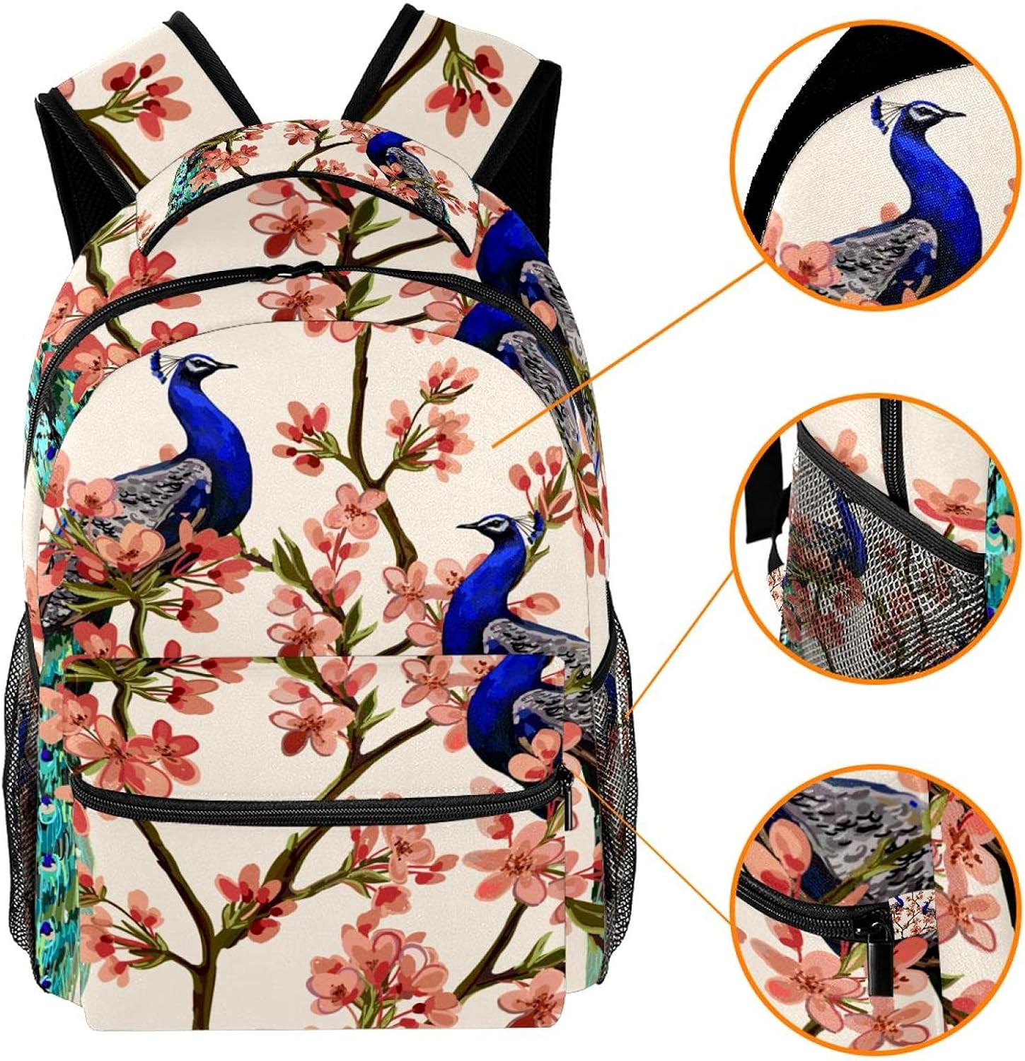 Peacock Tropical Japanese Flowers, Tree, Spring Backpack Students Shoulder Bags Travel Bag College School Tote Backpacks