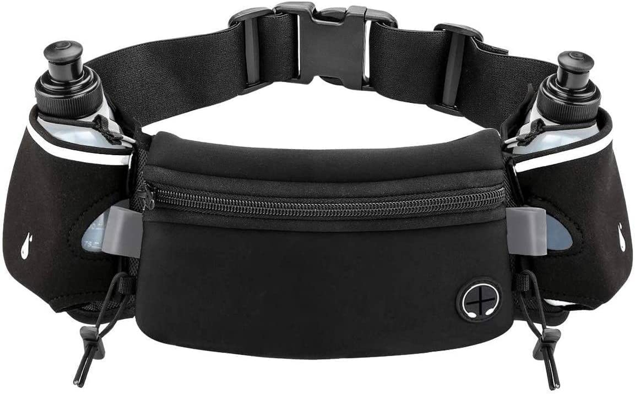 Running Belt with Water Bottle Holder Waist Bag with Extender and for Jogging Hiking Cycling Walking Dog Walker Hydration Fanny Pack Sport Pouch for Women and Men, Black