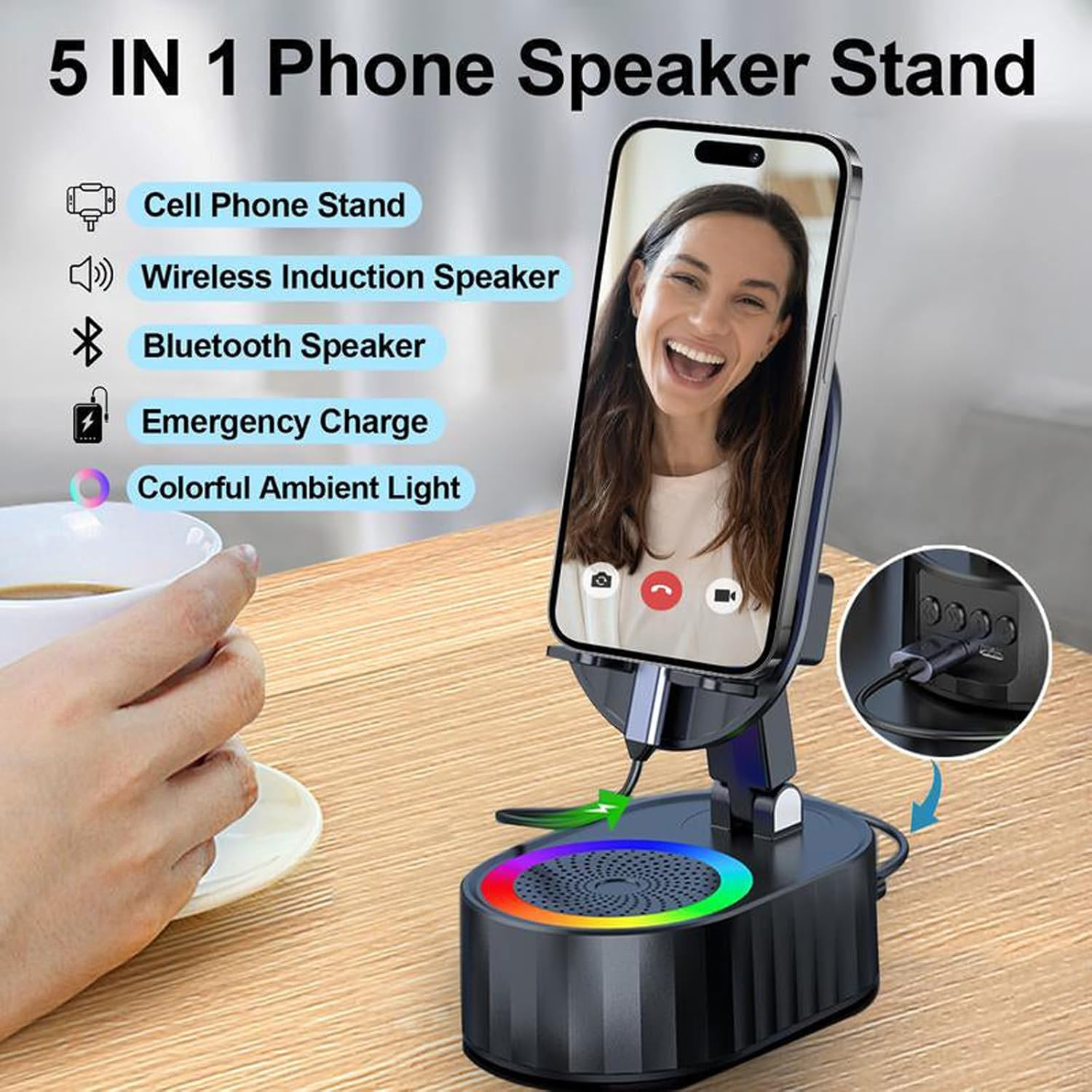 Mobile Phone Stand with Induction Speaker/Power Bank/Atmosphere Light, Bluetooth Speaker with Mobile Phone Stand, Foldable Mobile Phone Holder with LED Light, Gifts for Women and Men (White) image number 2
