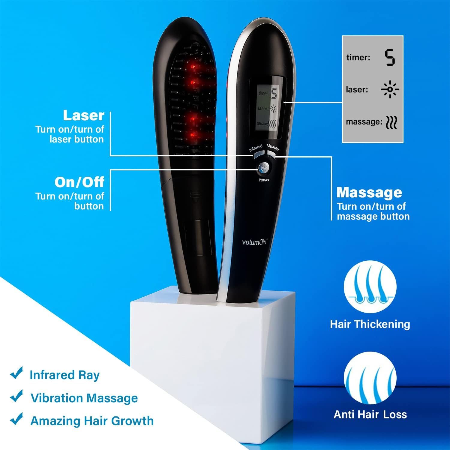 Volumon Electric Laser Massage Comb for Hair Growth Regrowth Hair Thickening & Strengthening with Massager & Infrared & Digital LCD Screen- Daily Home Use image number 4