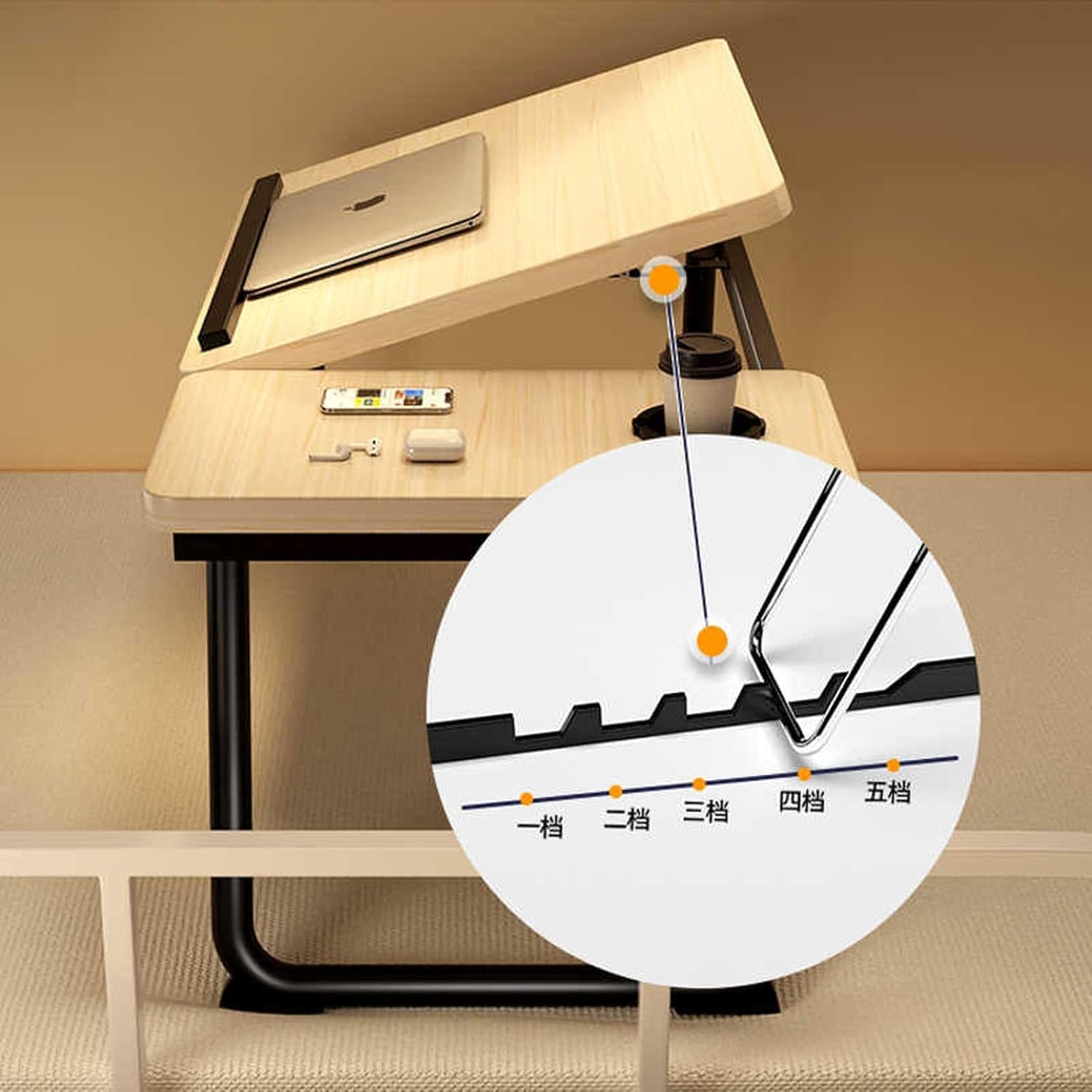 Hbluefat Folding Laptop Desk, 21.5 Inches Wood Breakfast Serving Bed Couch Tray with Adjustable Tilting Top and Cup Holder, Portable Lap Stand for Reading Writing Eating (Walnut) - White image number 6