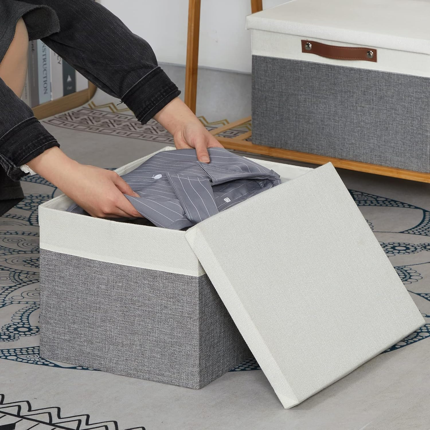 Temary Collapsible Storage Bins Storage Boxes with Lid, 2 Pack Storage Baskets with Lid Decorative Storage Clothes, Toys, Organizer Bins with Handles (White&Gray, 15X11X9.5Inch) image number 2