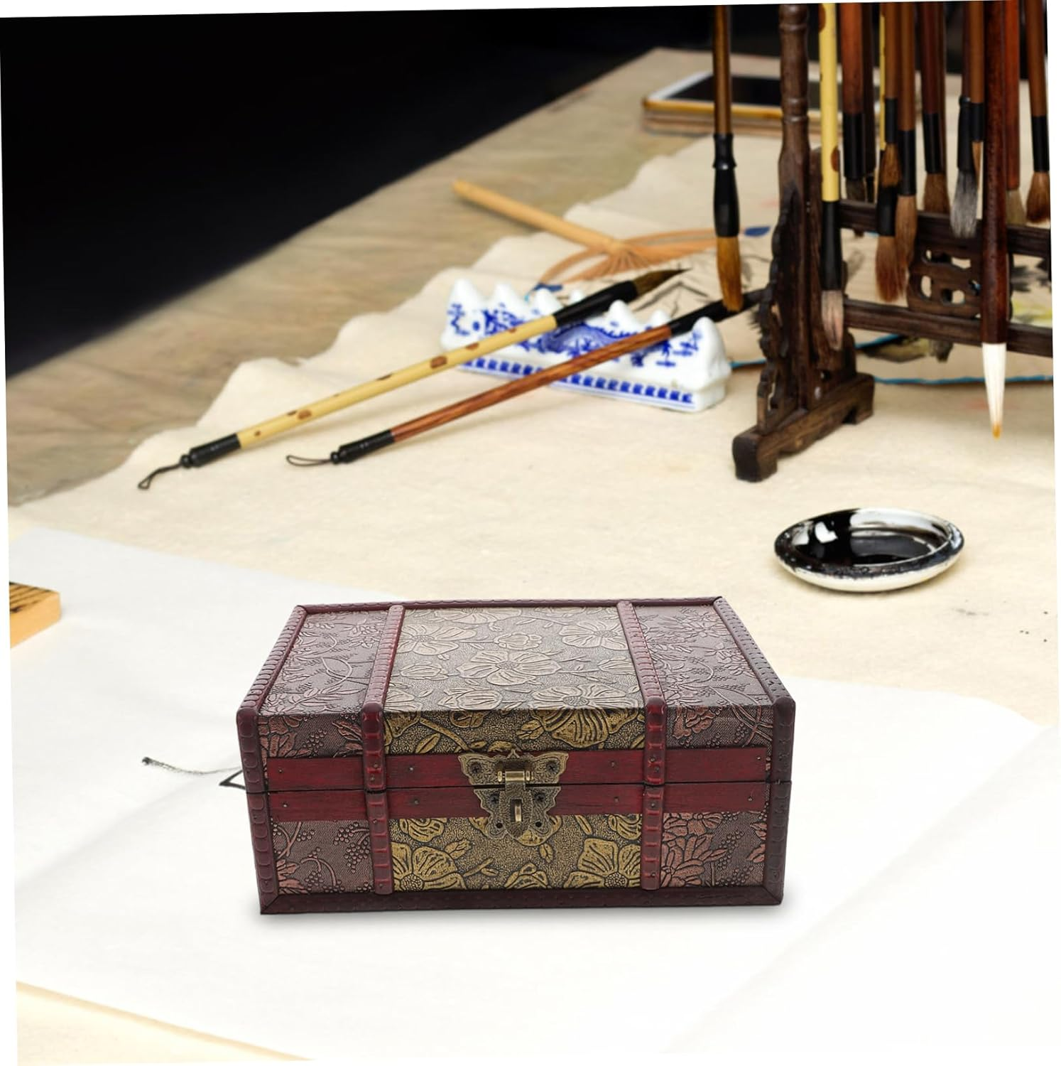 Wood Bible Box Lock Small Antique Wooden Book Storage Case Vintage Keepsake Jewelry Organizer Decorative Bible Storage Container for Desktop image number 4