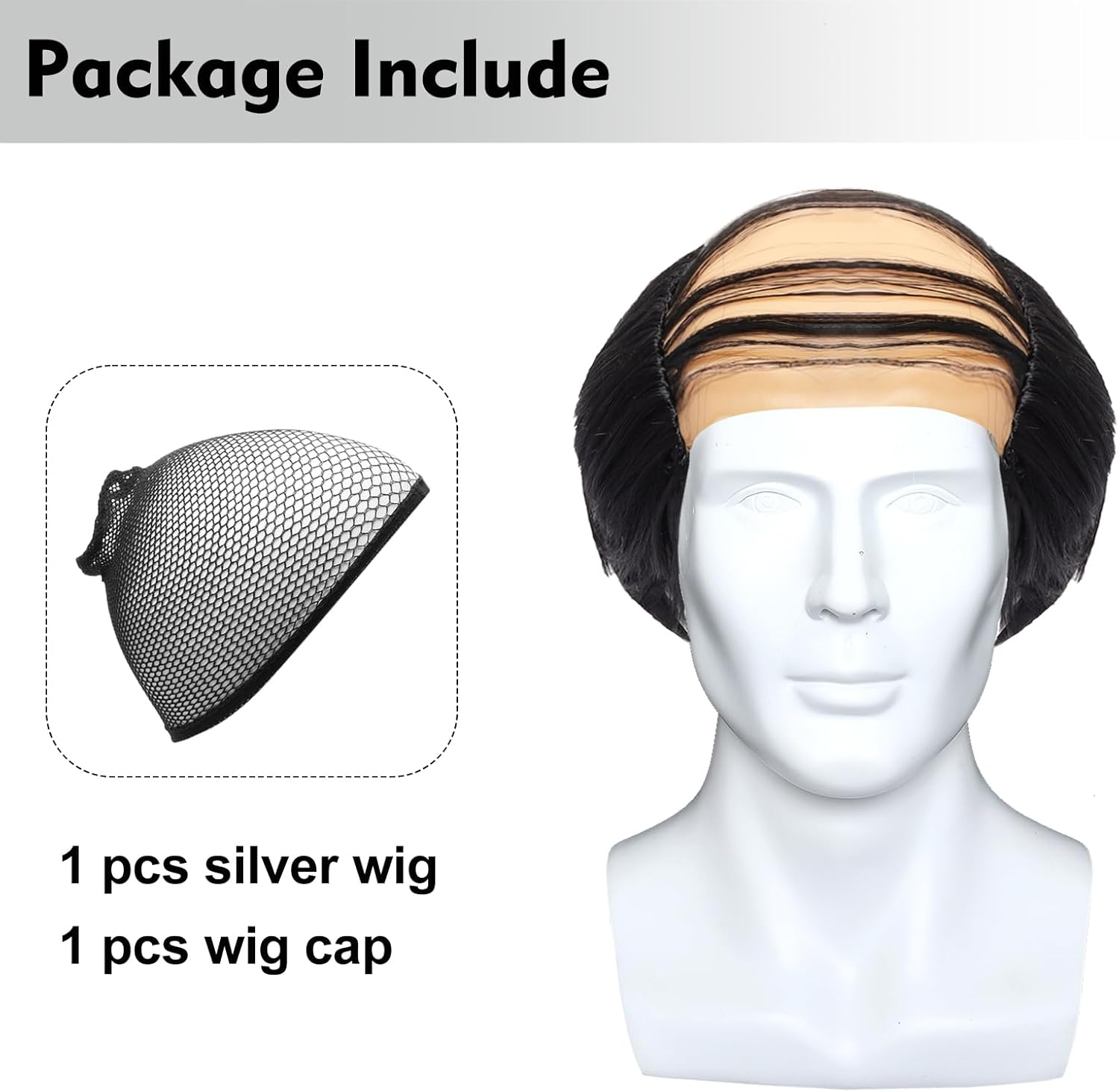 Black Old Men Bald Wig Old Man Grandpa Balding Cap with Hair on Sides Fluffy Head over Wig Short Curly Bald Head Costume Wigs Party Supplies - Black image number 2