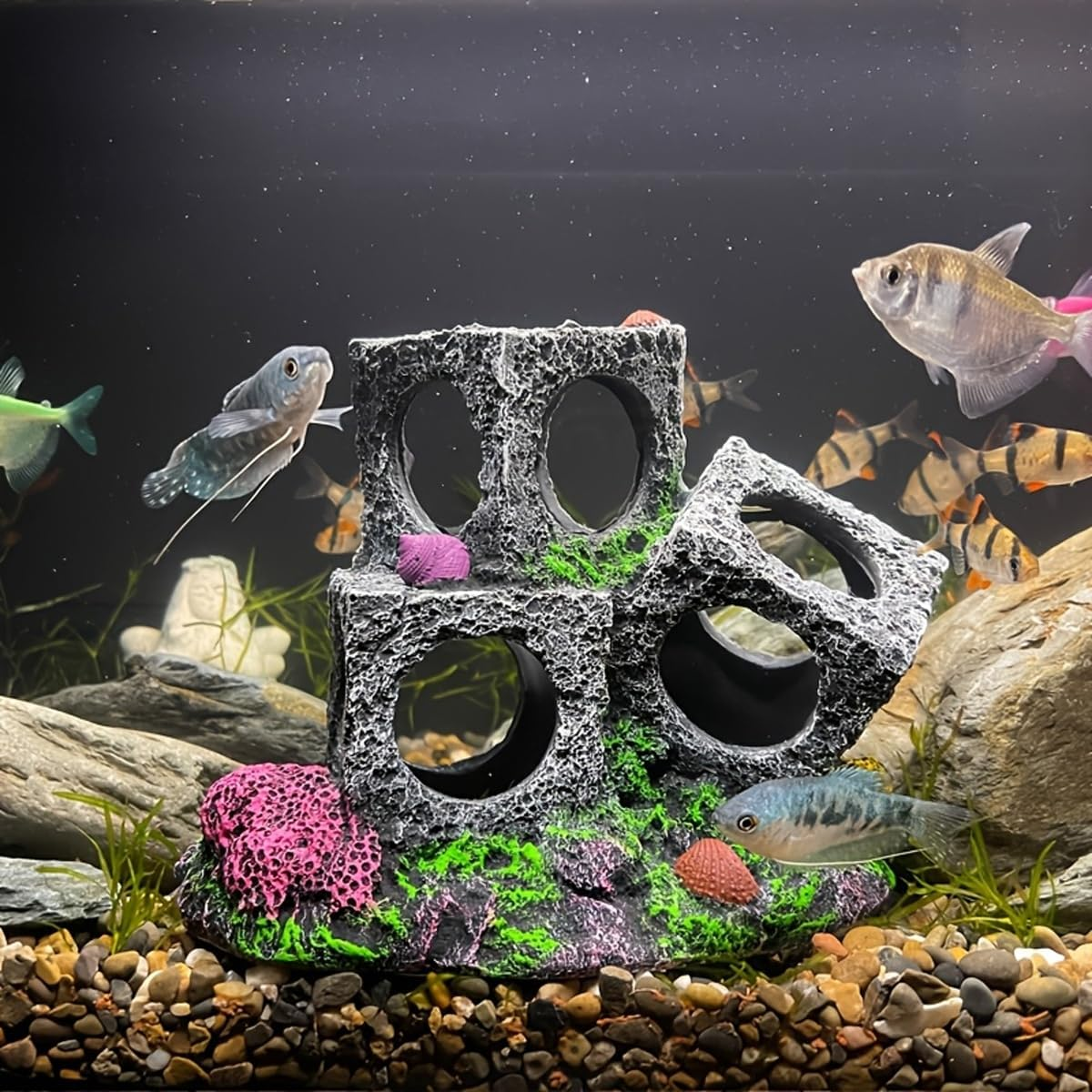 AIMALL Resin Square Fish Tank Cave Set 2/3/5 Cubes Aquarium Hideout Rock Decoration Cichlid Breeding Shelter Shrimp Hiding Box Aquascape Ornament image number 1