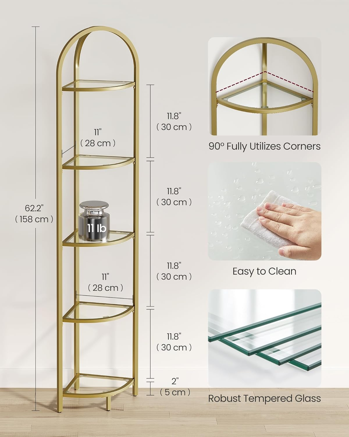 VASAGLE 5 Tier Corner Ladder Bookshelf Tempered Glass Modern Style Golden Color - Classic Black image number 4