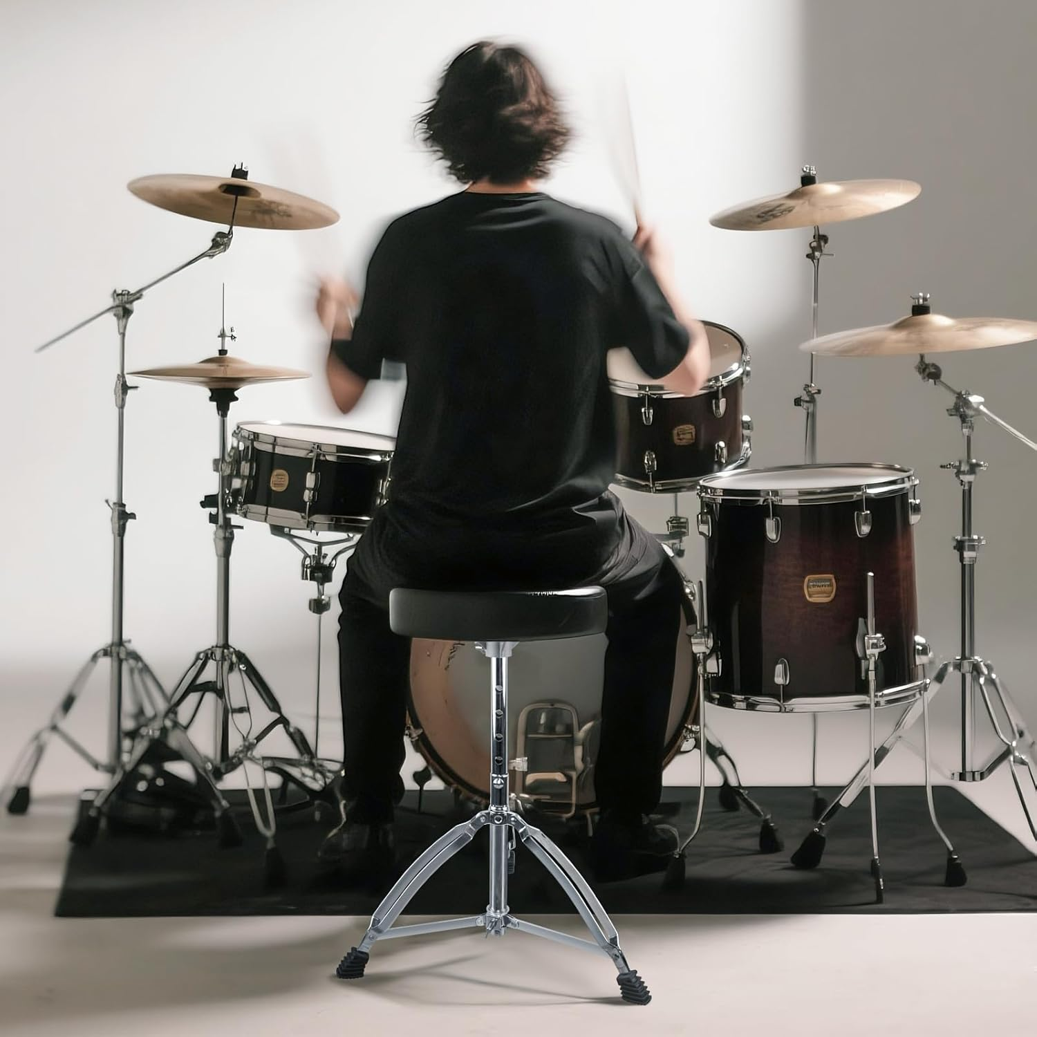 Yazoni Drum Throne Heavy Duty - 40-58Cm Height Adjustable, Padded Seat Drummer Stool, Drum Seat with 2 Packs 5A Drumsticks Double Braced Anti-Slip Feet, 360&deg; Swivel Guitar Chairs for Kid and Beginner image number 6