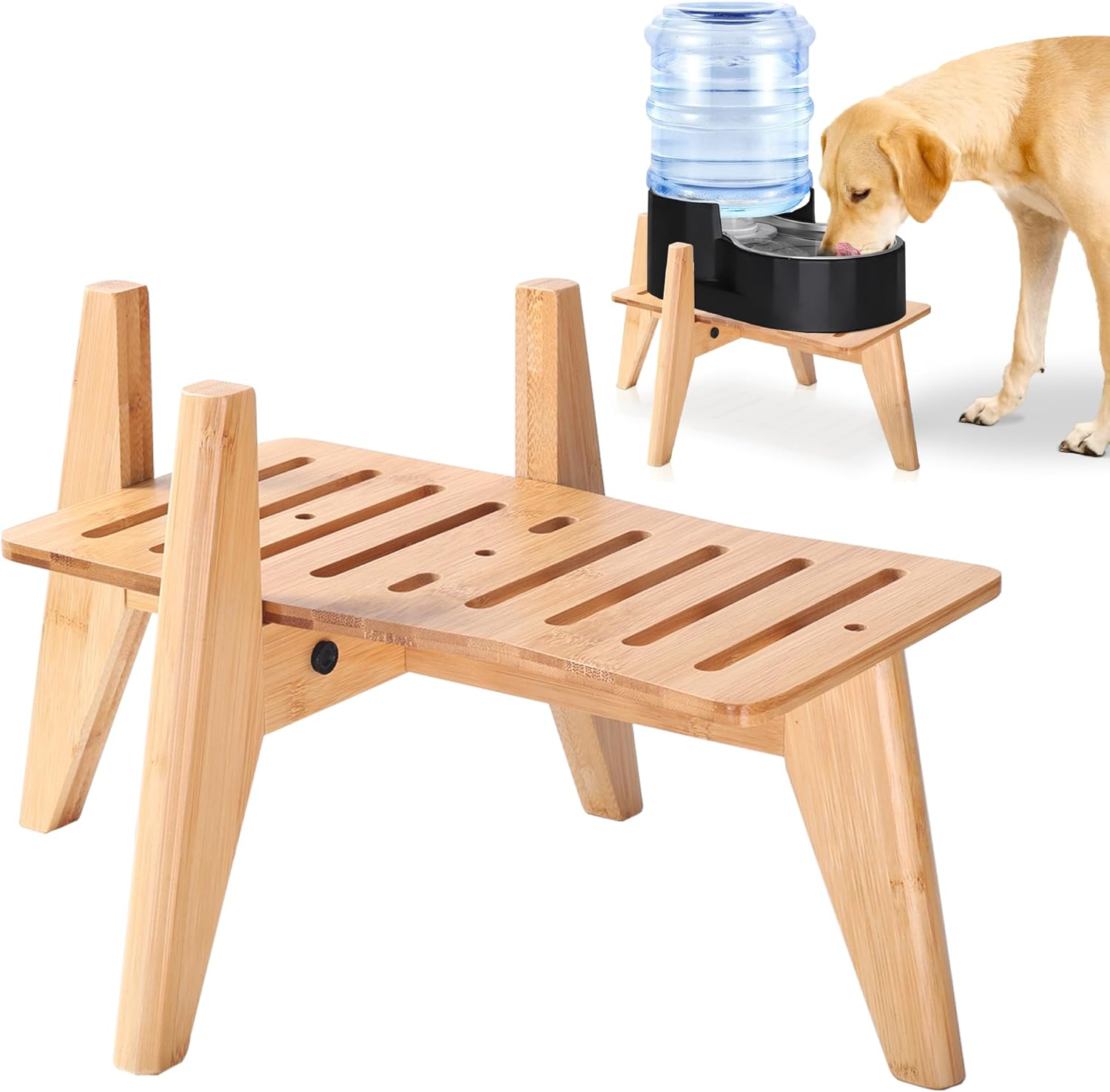 Adjustable Dog Bowl Stand - Raised, Elevated Food Bowl Holder - Width (Extendable 7-10 Inches) - Natural Bamboo