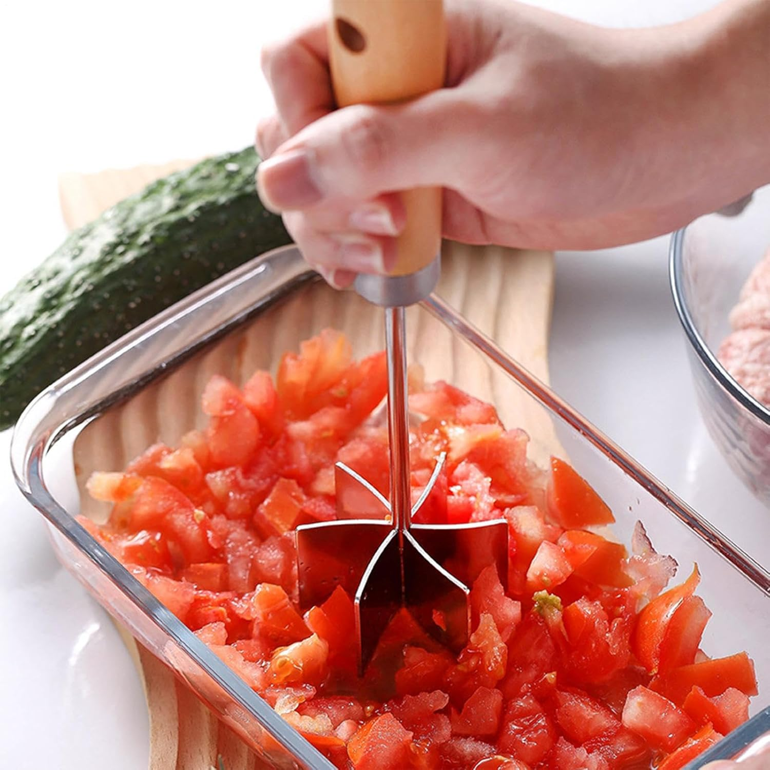 Meat Chopper for Ground Beef - Stainless Steel Kitchen Gadgets | Ground Meat Masher with Wooden Handle,For Sausage Patty Making Cooking Meal Prep Home - Sandblasting image number 6