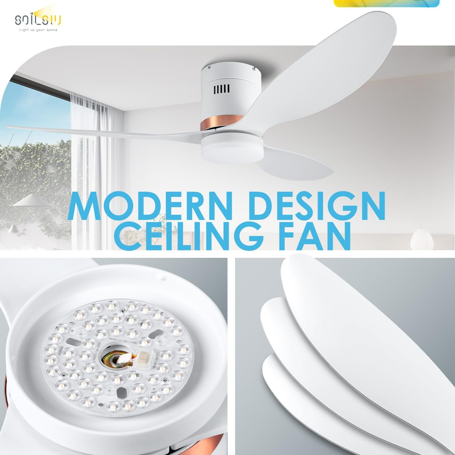 52 Inch Ceiling Fan with Lights and Remote, Modern DC Motor Silent Ceiling Fans with 3 Color Temperatures, 6 Speeds, Reversible Function, Height Adjustable Flush Mount Indoor Bedroom (White) image number 4