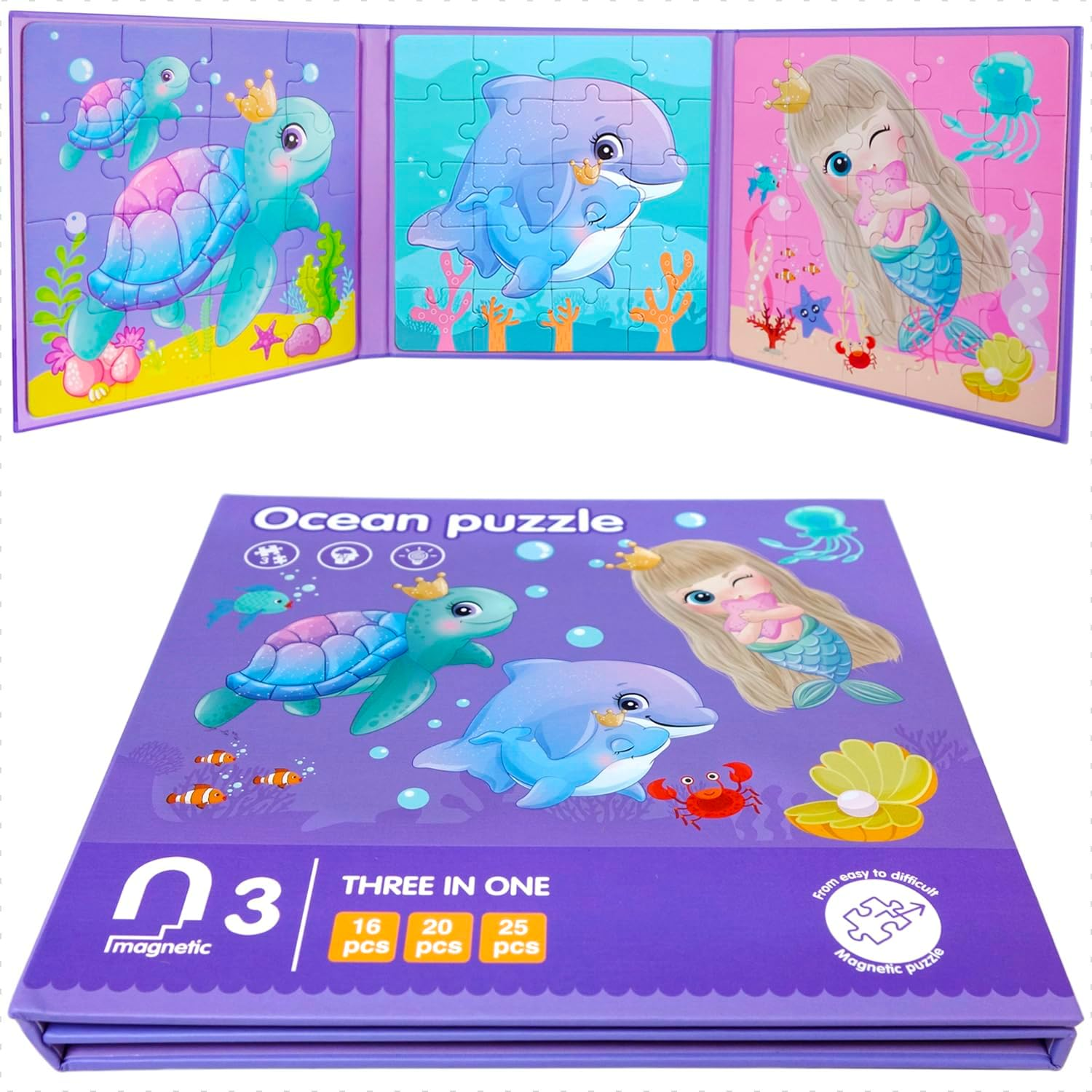 Magnetic Puzzles for Toddler Kids Ages 3-5, Preschool Puzzle Book for Kids, 3 Jigsaw Puzzle Patterns in 1 Book with Cpc-Certified Materials (Ocean) image number 3
