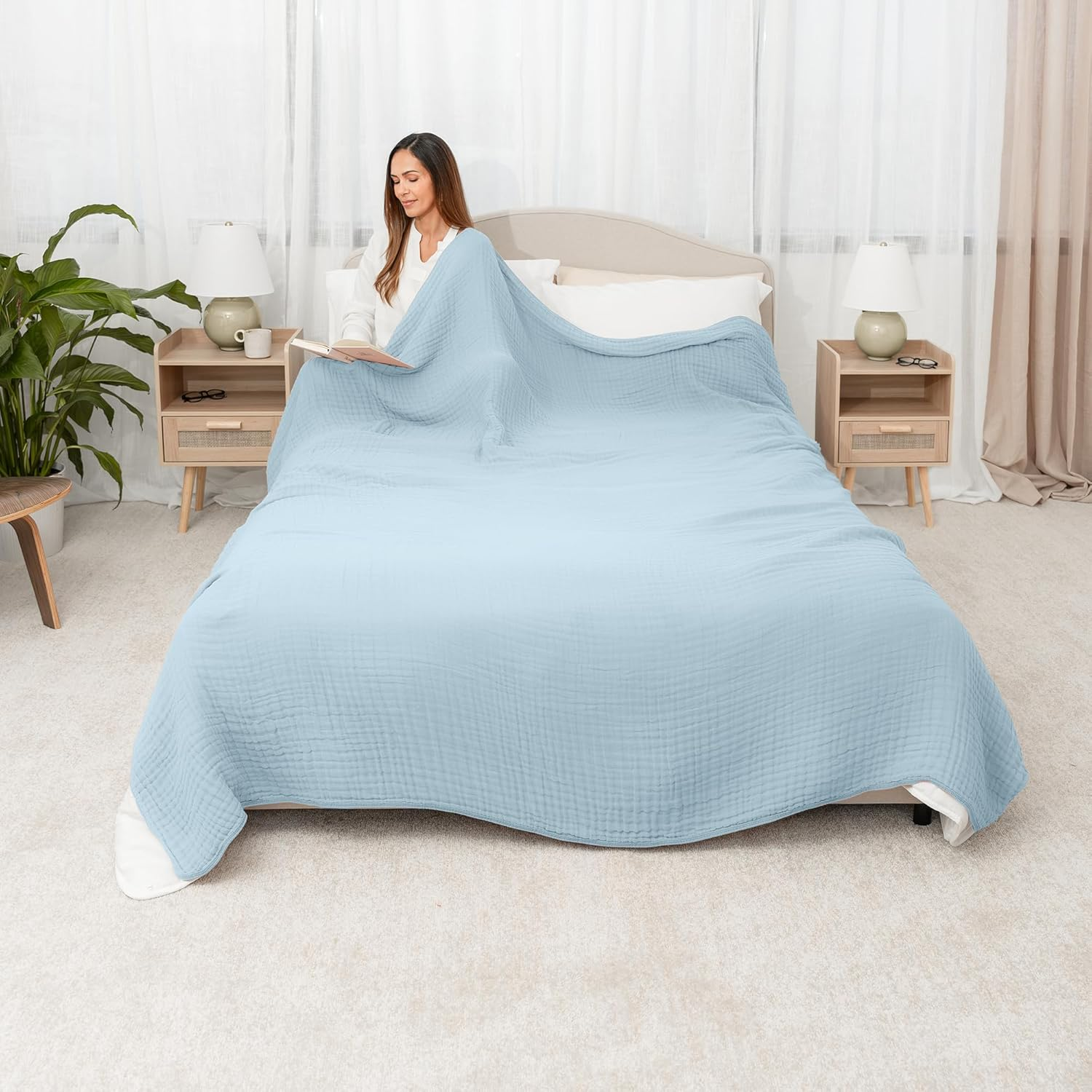 Comfy Cubs Queen Muslin Blanket, Extra Large Size 90&rdquo; X 90&rdquo;, 6 Layer Cooling Cotton Softness, Breathable & Warm Throw for Bedroom, Living Room Couch (Sky Blue, Baby - Muslin) image number 2