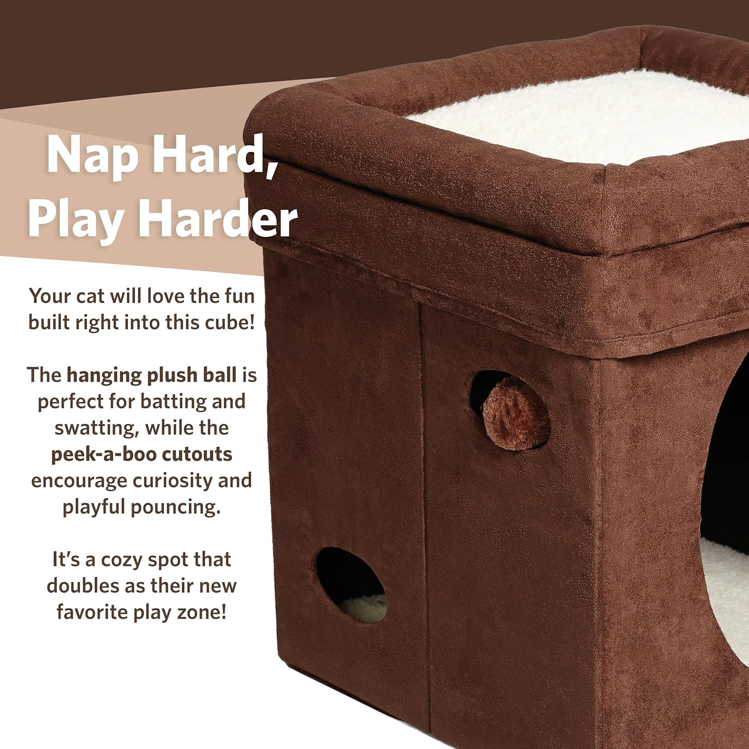 Midwest 137-BR the Original Curious Cat Cube, Cat House/Cat Condo in Brown Faux Suede & Synthetic Sheepskin image number 5