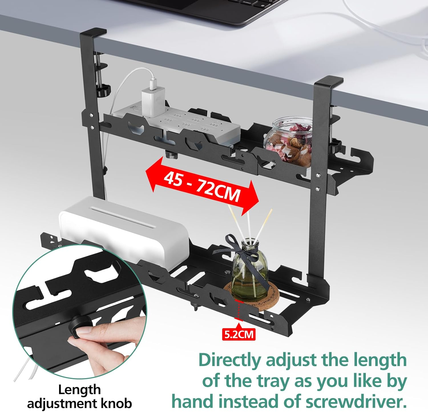 Under Double Desk Cable Management Tray,45-72Cm Adjustable Length Non-Drill Installation Cord Management for Home Office,Durable Carbon Steel Black image number 6