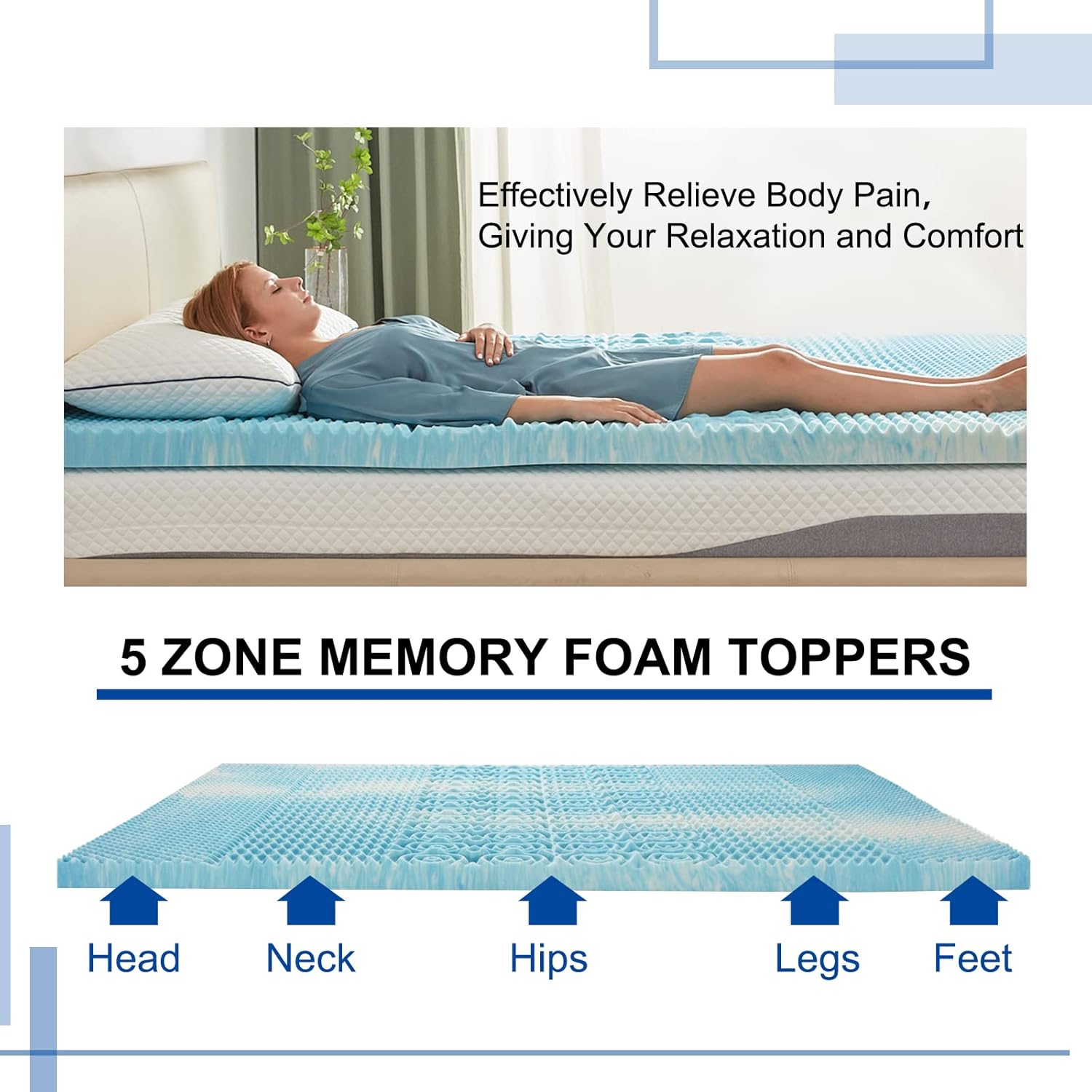 SINWEEK 3 Inch Mattress Topper 5-Zone Memory Foam Mattress Topper Pressure Relieve Soft Mattress Pad, Certipur-Us Certified, Queen Size Blue image number 6