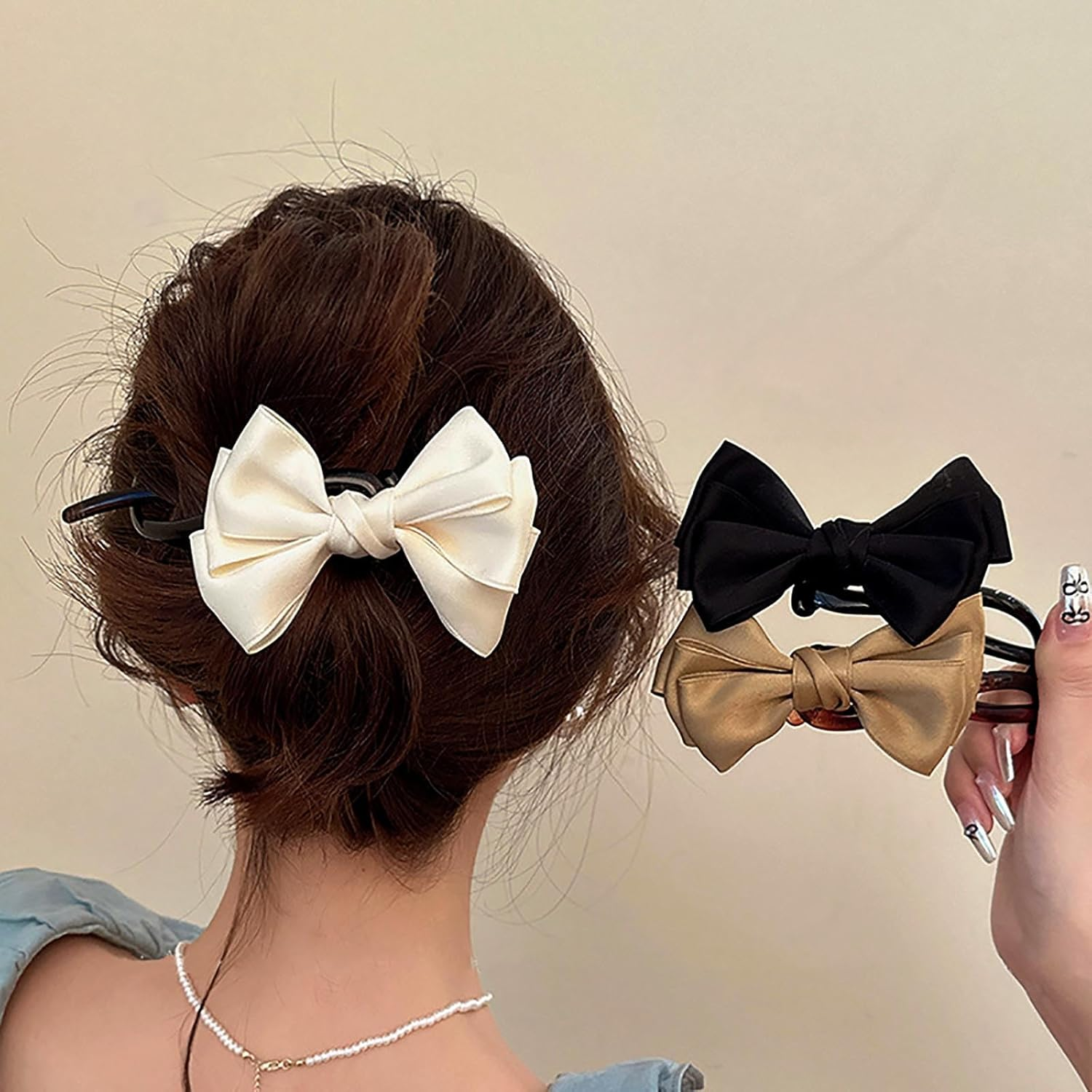 Tseenyi Bow Hair Clip Satin Hair Accessories Hair Pins White Bow Knot Twisted Hair Clips Small Bow Hair Clips Bow Ties Twist Clip Vintage Bridal Hair Clips Wedding Barrette image number 3