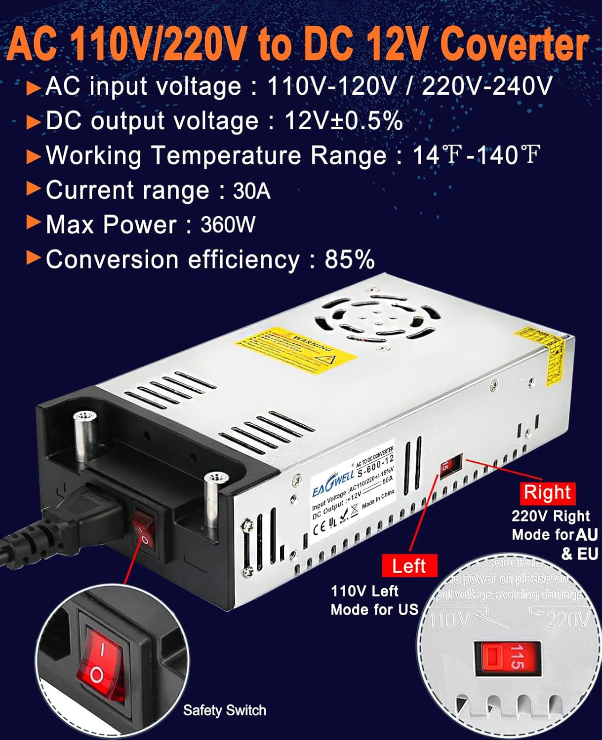 12V Power Supply: 240V AC to 12V DC Converter Power Supply 12V 360W 30A DC Switch Transformer for Rv,Pump,Led Strip, LCD Monitor image number 3