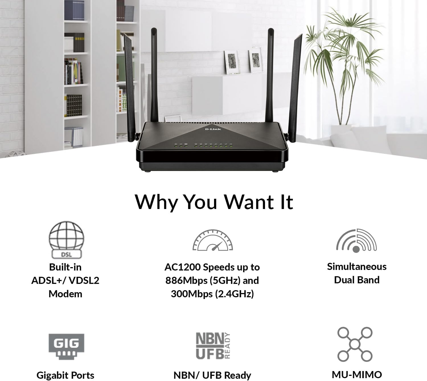 D-Link DSL-245GE AC1200 Dual Band Wireless VDSL2/ADSL2+ Modem Router - Wifi 5, NBN Compatible, MU-MIMO, Gigabit LAN, USB 3.0, for Gaming & Networking Devices image number 5