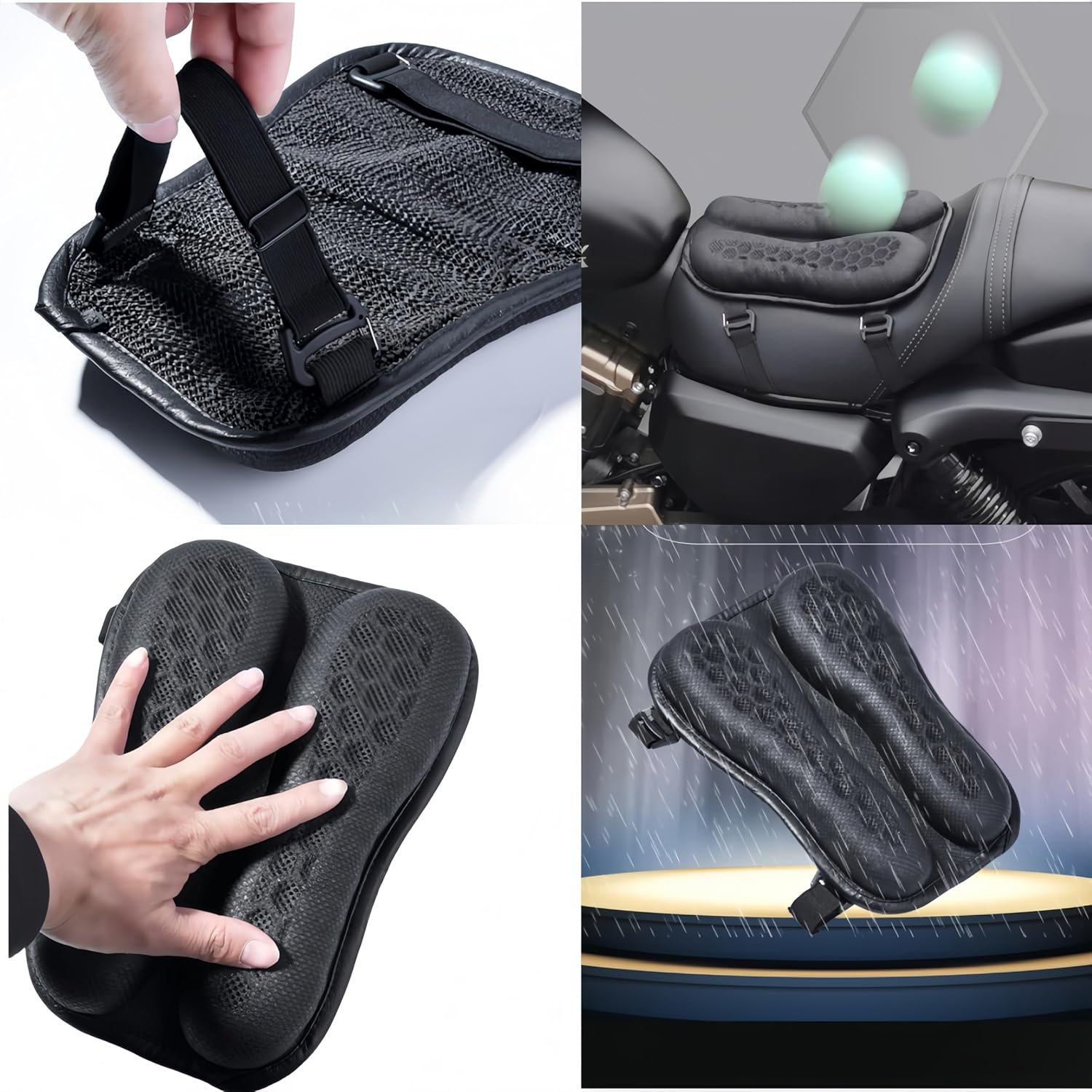 Breathable Seat Pad, Motorcycle Seat Cushion, Sun and Water Resistant Breathable Cover with Strap and Buckle, Elasticity Gel 3D Honeycomb Structure,Suitable for Motorcycles, Electric Bikes image number 2