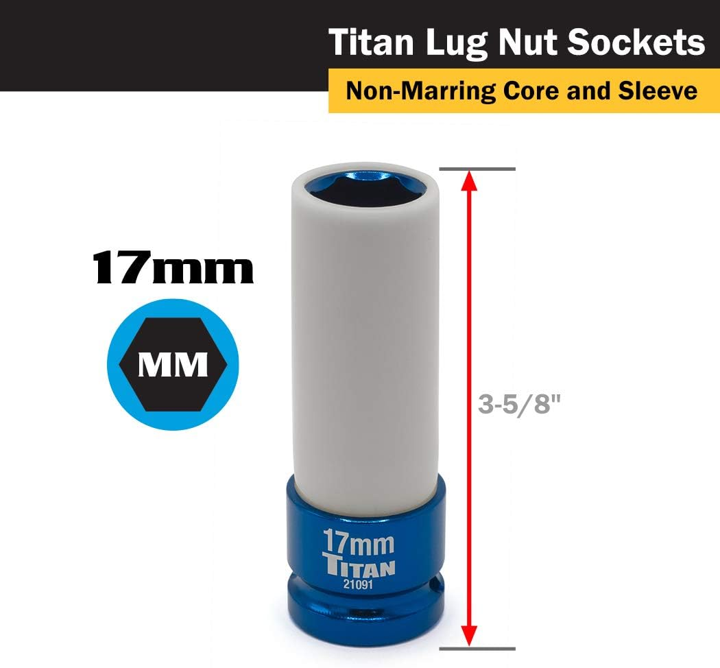 Titan 21183 3-Piece 1/2-Inch Drive Non-Marring Impact Deep Lug Nut Socket Set, Includes 17Mm, 19Mm, and 21Mm