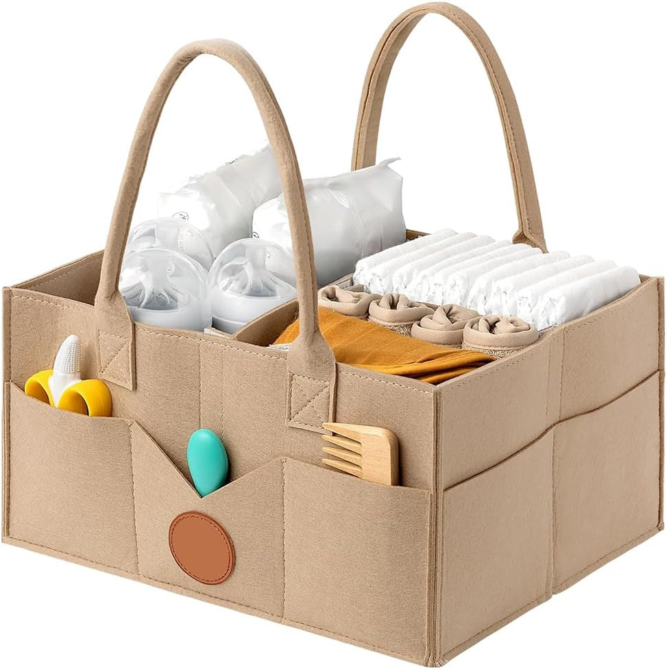 Diaper Caddy Organizer, with Handle and Multiple Compartments, Portable Diaper Tote Bag, Nappy Caddy Storage Basket, Large Travel Car Caddy, Khaki image number 1