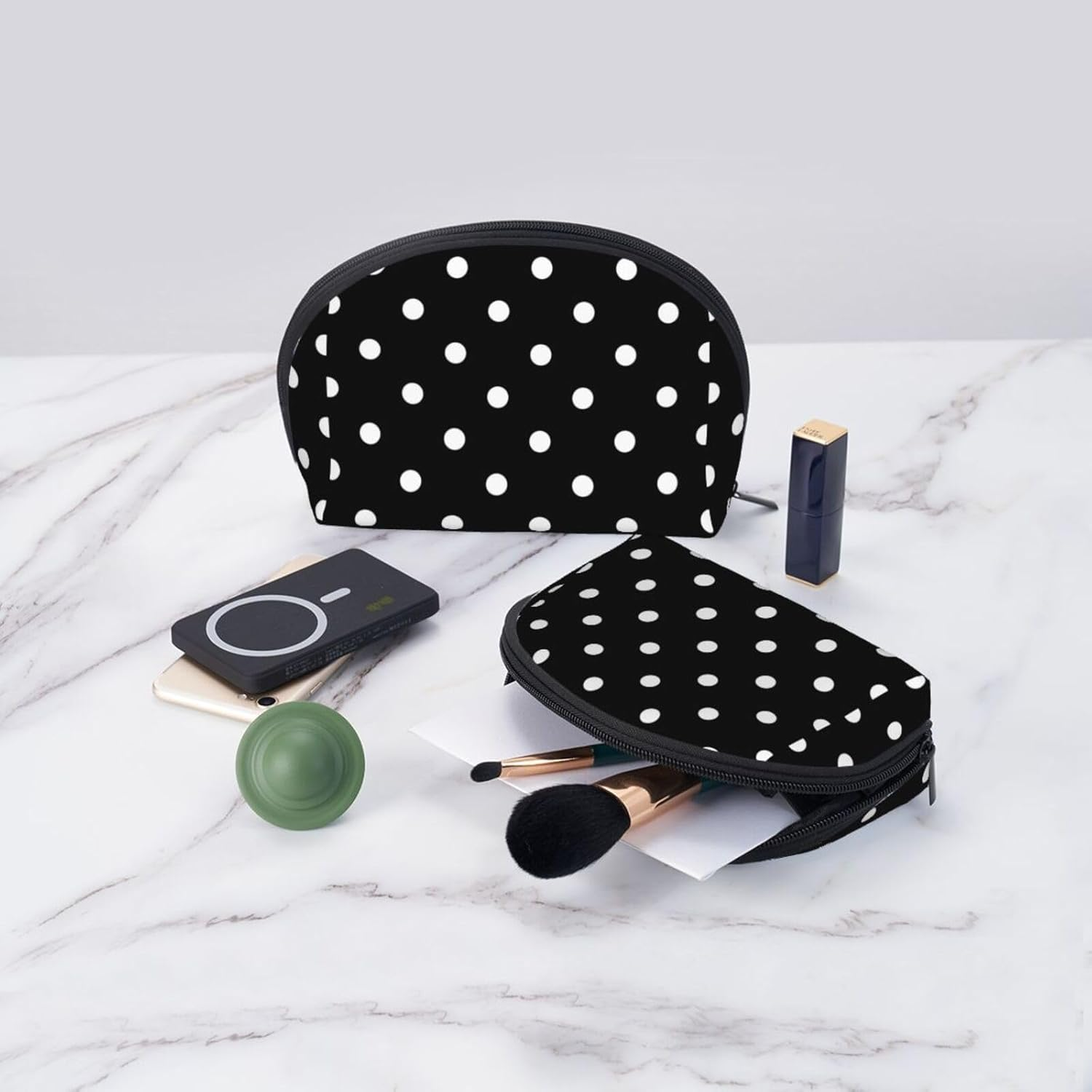 Cozimangoe Coin Pouch Makeup Bags Set, 2 Piece Shell Shape Cosmetic Bag with Pockets for Daily Travel Handbag Lipstick Keys Toiletry, Personalized Black and White Polka Dot Printed image number 2