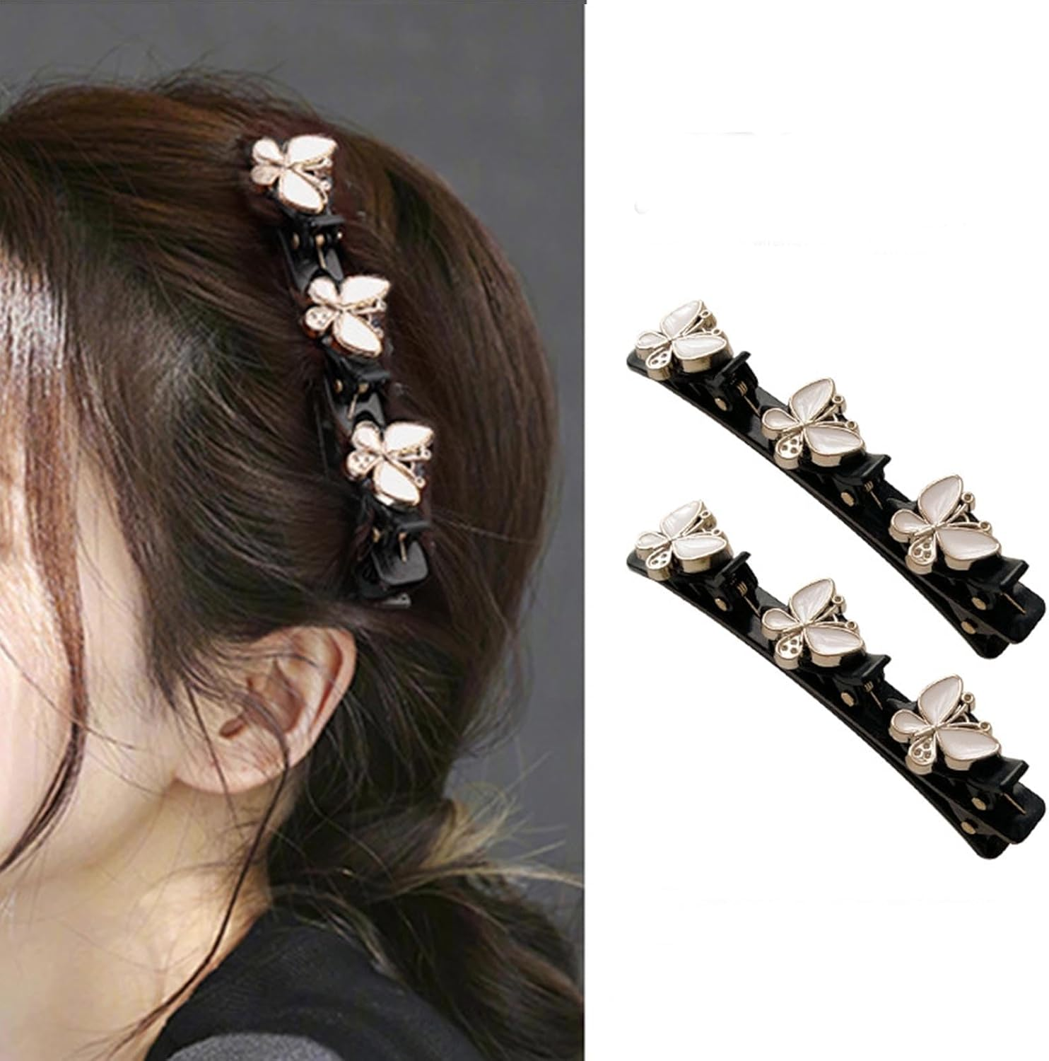 Braided Hair Clips with Sparkling Crystal Stone and 3 Small Clips Beaded Hairpin Duck Bill Clip Braided Hair Clip with Rhinestones for Women as a Gift (Style: D)