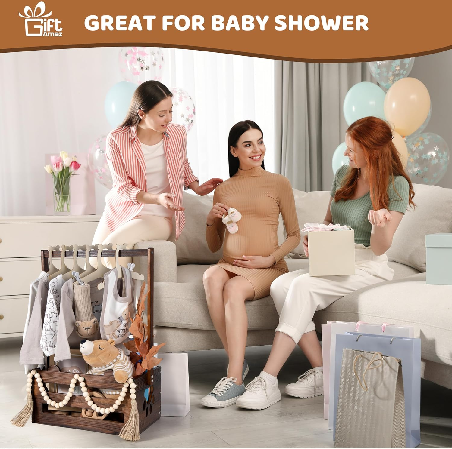 Giftamaz Brown Wooden Baby Gift Crate Closet Basket, Baby Welcome Box, Storage Crate with Handle, Bear Paw Pattern, Natural Finish image number 3