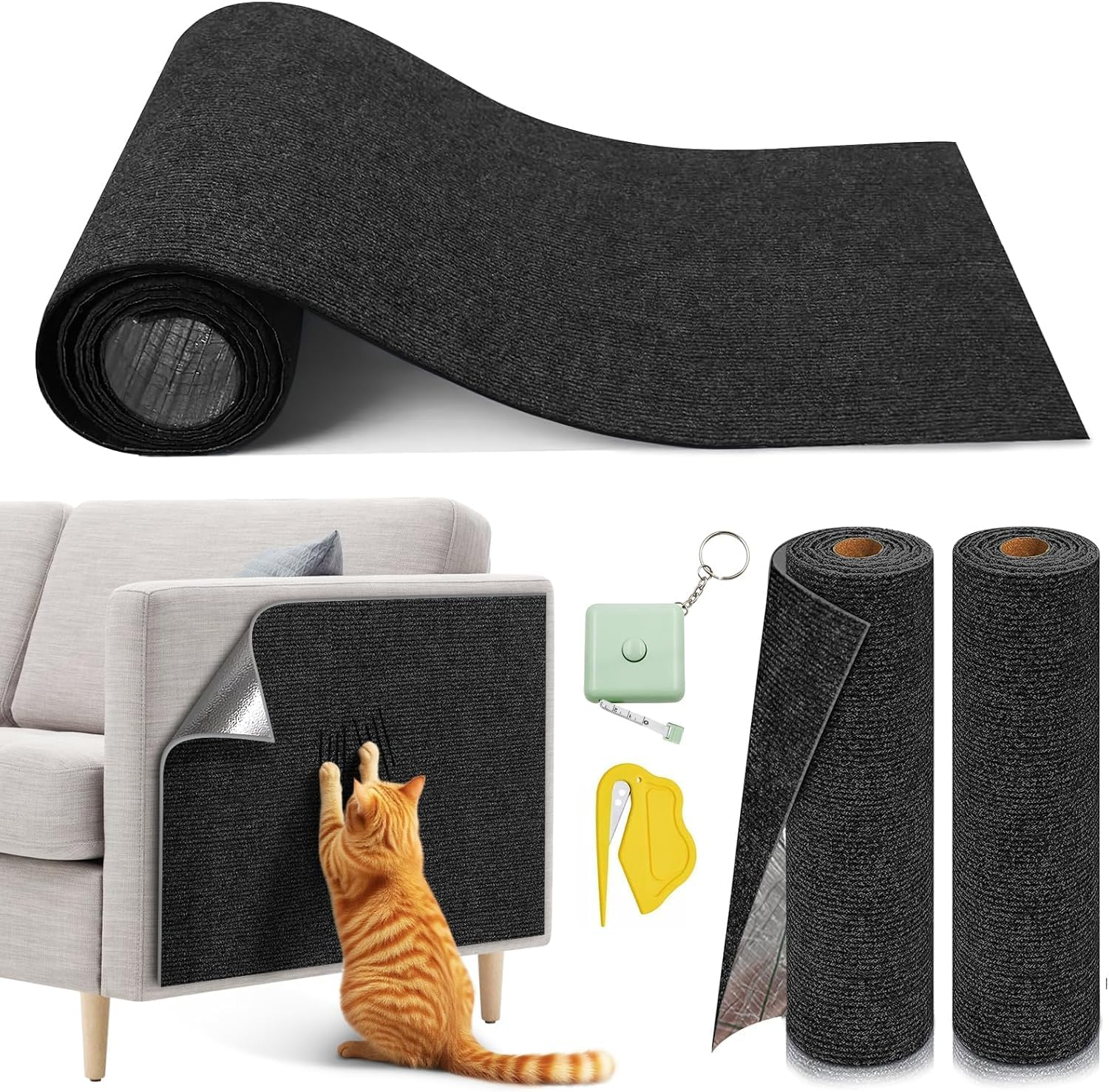 MIAOKE Pack of 2 90 X 40 Cm, Scratch Protection for Cat Furniture with Utility Knife and Tape Measure, Cut to Size Self-Adhesive Scratching Mat for Cats, Suitable for Homemade Scratching Post Stands
