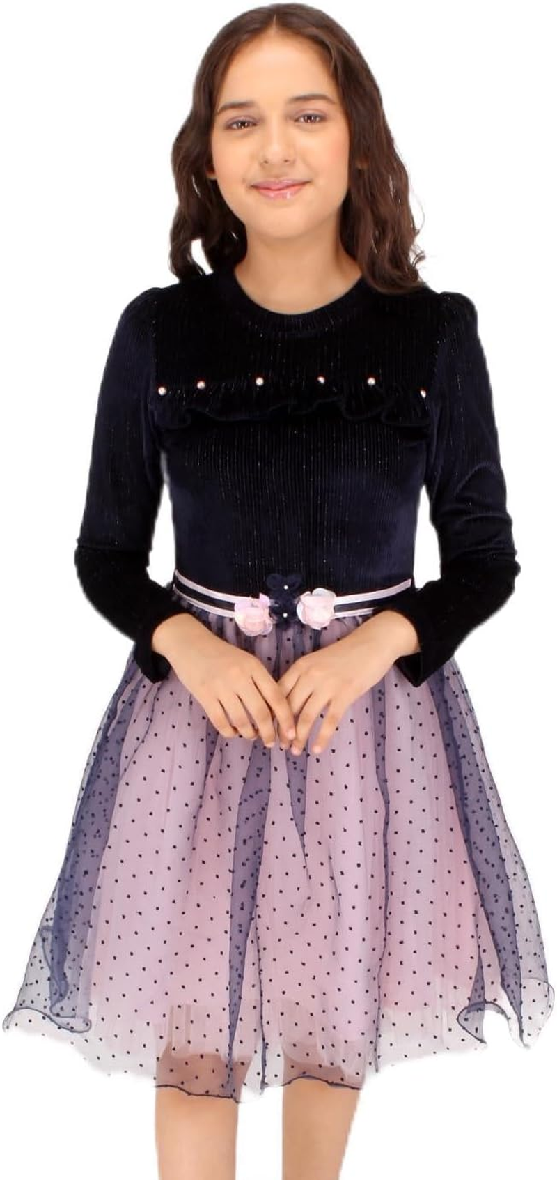 Cutecumber Girl Pink and Blue Full Sleeves Dress with Flower Belt &ndash; Elegant Party Dress for Girls &ndash; Birthday, Wedding & Festive Outfit