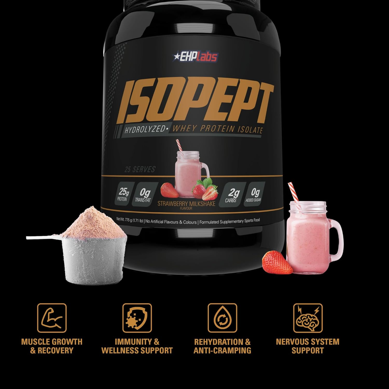 EHP Labs ISOPEPT Hydrolyzed Whey Protein Powder - 100% Whey Protein Isolate & Hydrolysate, 25G of Protein, Non-Gmo, Gluten Free, Fast Absorbing, Easy Digesting, 25 Serves (Strawberry Milkshake)