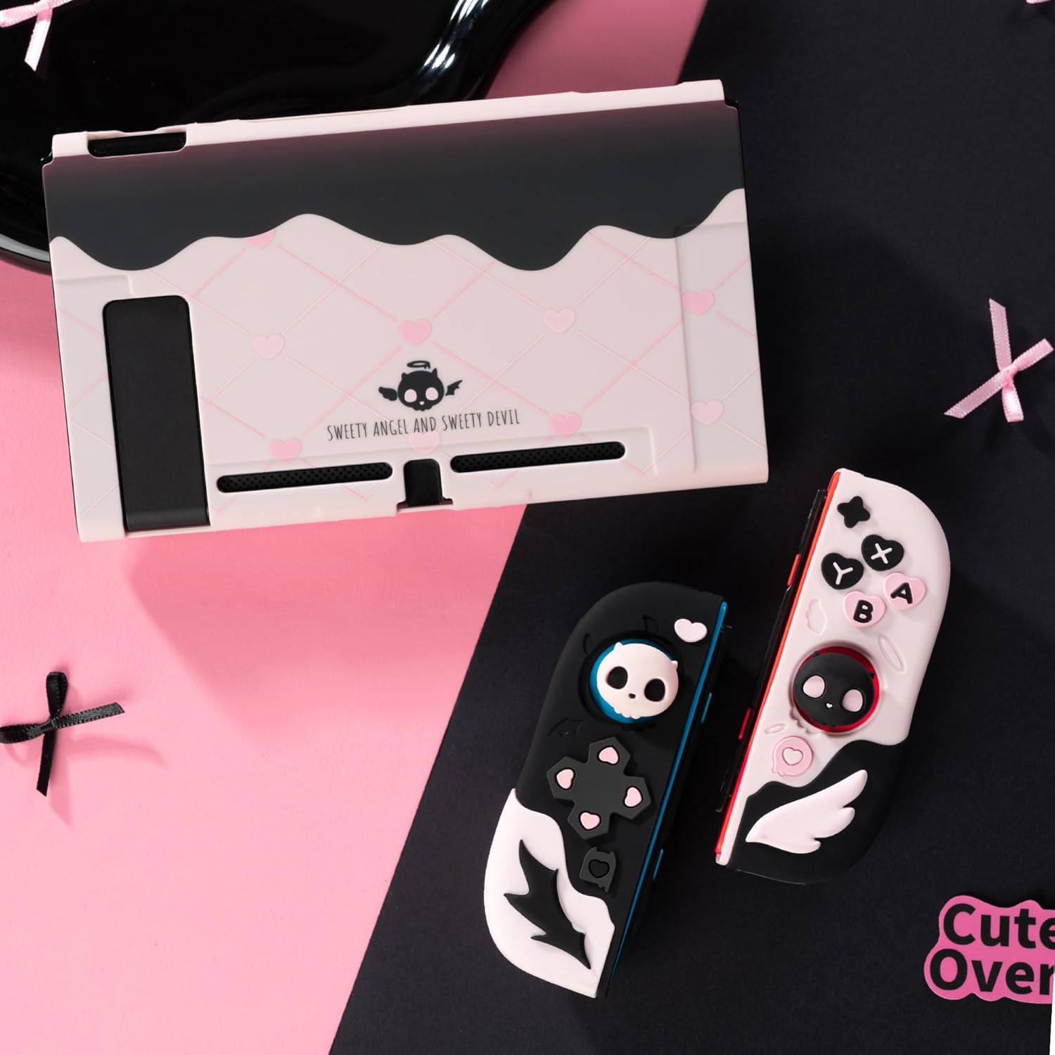 Geekshare Protective Case for Switch Anti-Scratch Slim Cover Case Compatible with Switch Separable Soft Silicone Protective Shell with 2 Thumb Grip Caps- Sweetheart Skull