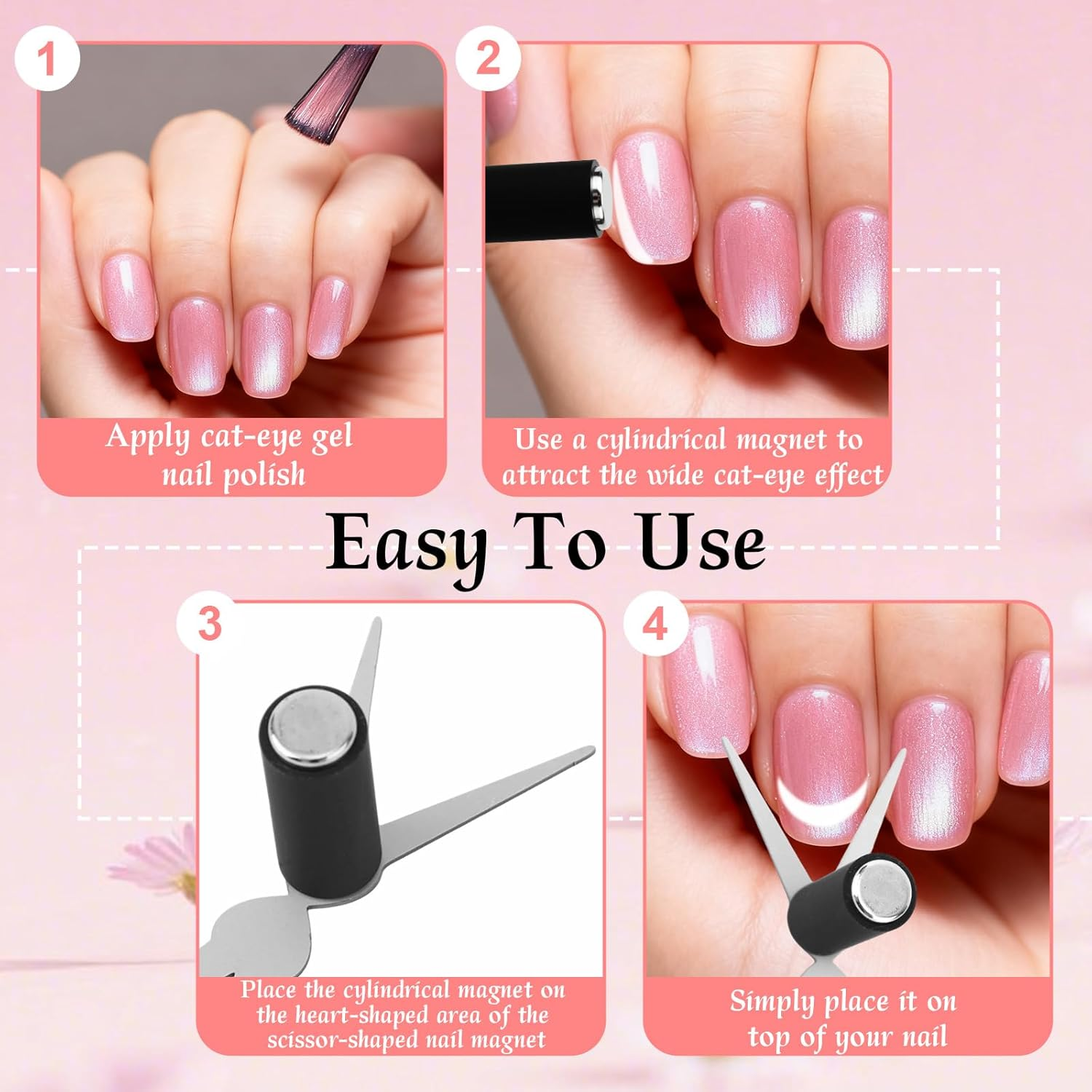 3Pcs Cat Eye Magnet Tool Set, Cylinder Nail Magnet with 2-In-1 Double-Ended Scissor-Shaped Iron Sheets for Cat Eye Gel Polish Nail Art Tools for DIY Manicure Home Studio Salon image number 6