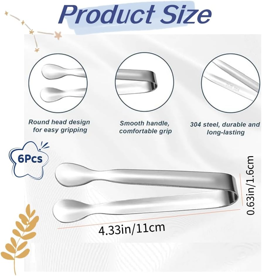 6Pcs Mini Small Tiny Tongs,4.25Inch Stainless Steel for Serving Food, Durable Kitchen Metal Tongs for Ice, Salad, Toaster, Desserts, Appetizers and Charcuterie Board (Silver) image number 2