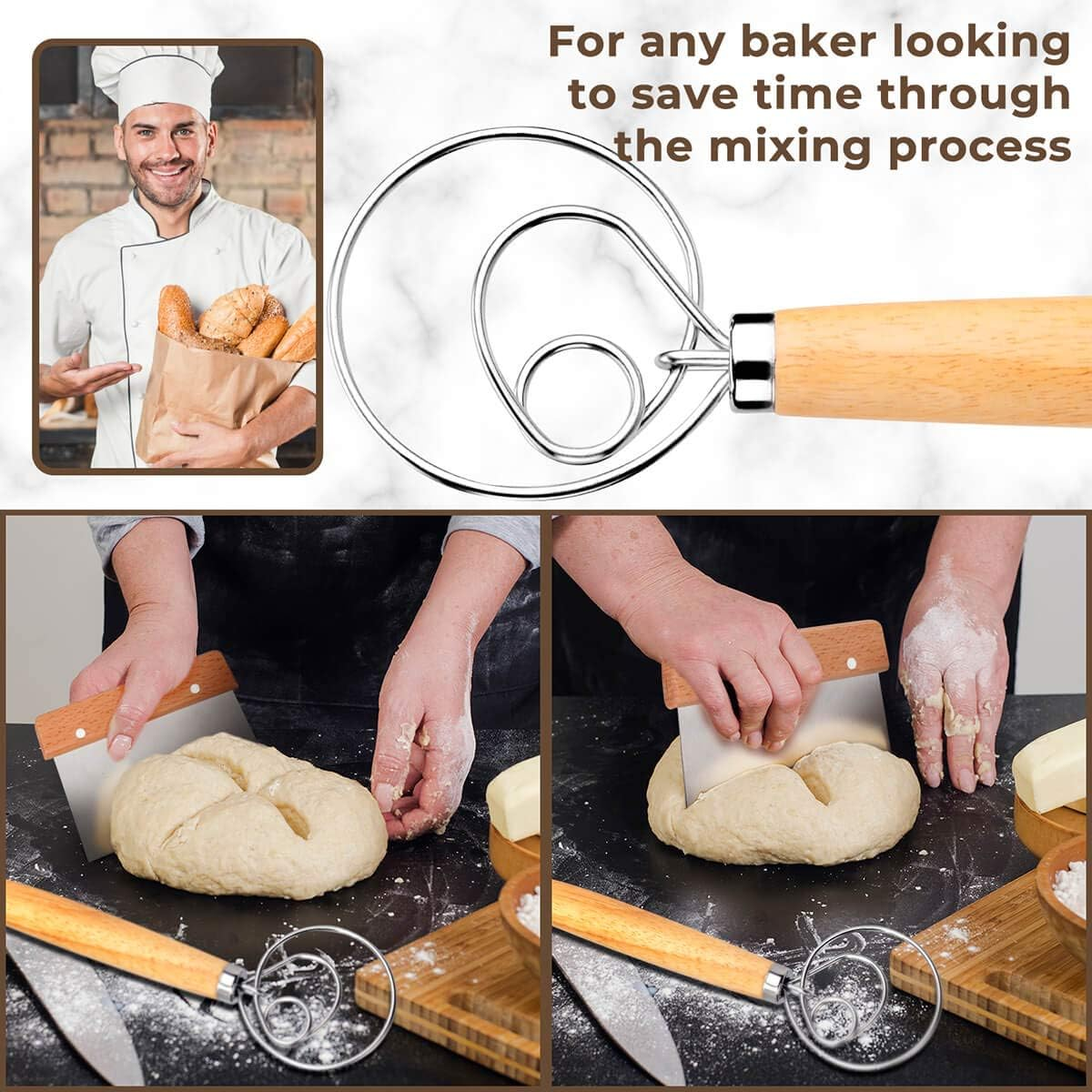 Danish Dough Whisk Bread Mixer,Premium Stainless Steel Dutch Whisk with a Dough Scraper for Bread, Pastry or Pizza Dough - Perfect Baking image number 4