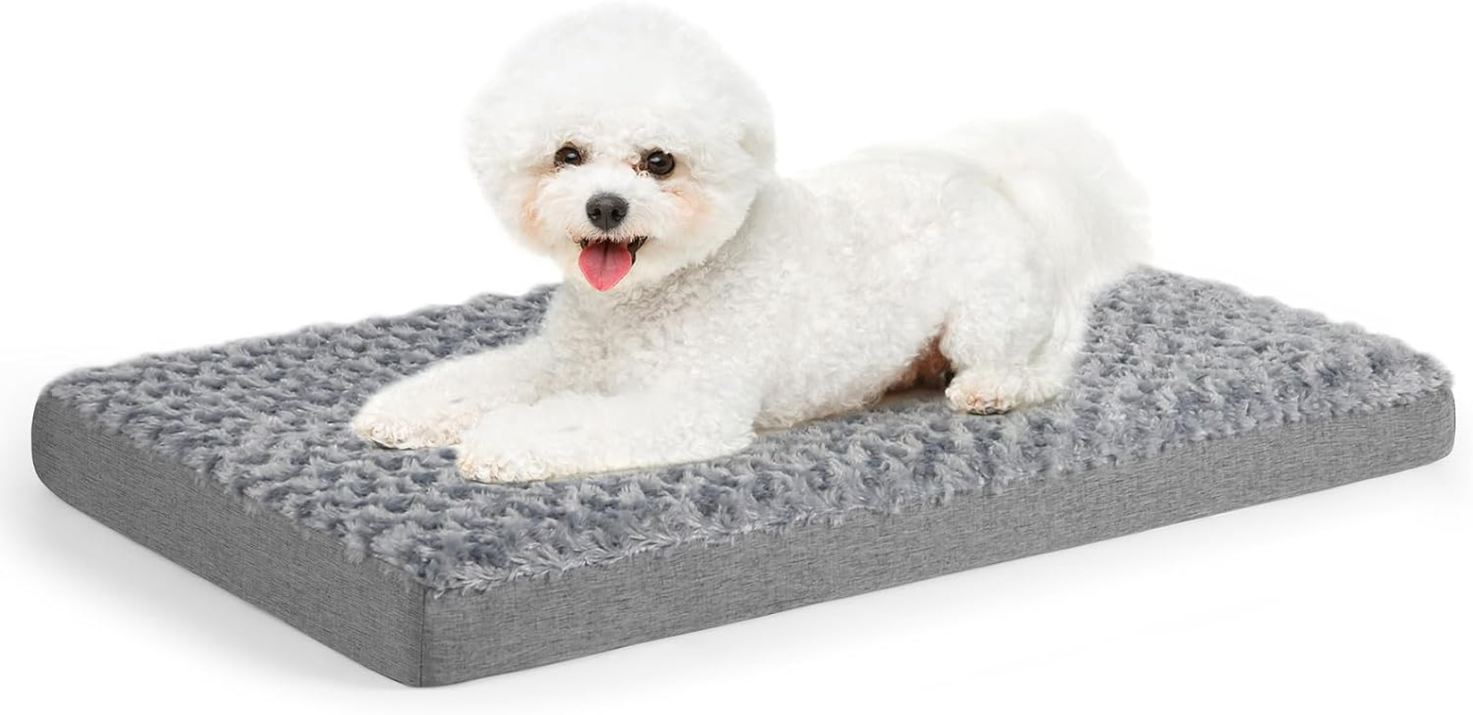 Sicilaien Dog Beds for Medium Large Dogs, Dog Crate Bed Washable Dog Bed Pad with Removeable Cover Faux Fur Surface, Orthopedic Pet Beds Dog Mattress Mat for Dogs up to 24KG, Grey, Large