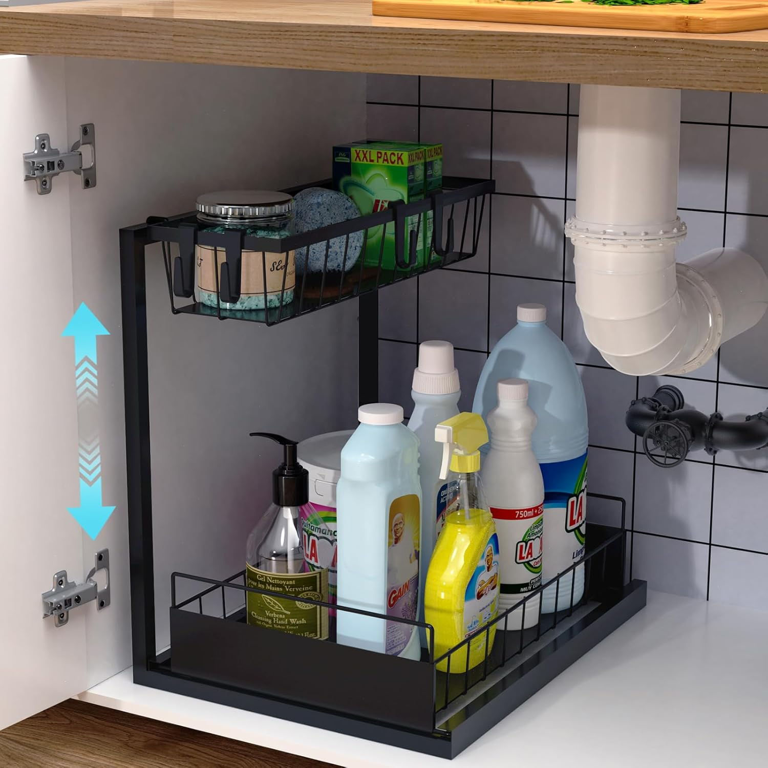 Bukfen under Sink Organizer, Pull Out Cabinet Organizer 2-Tier Slide Out Sliding Shelf under Cabinet Storage Multi-Use for under Kitchen Bathroom Sink Organizers and Storage,White,1 Pack