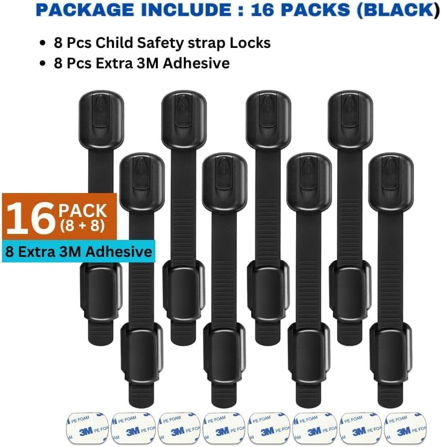 Child Safety Locks and Cabinet Drawer Latches, 8-Piece Baby Protective Adhesive Straps, Easy to Install and Reusable, Suitable for Cabinets, Drawers, Refrigerators, Windows and Doors（Black）- Mecus