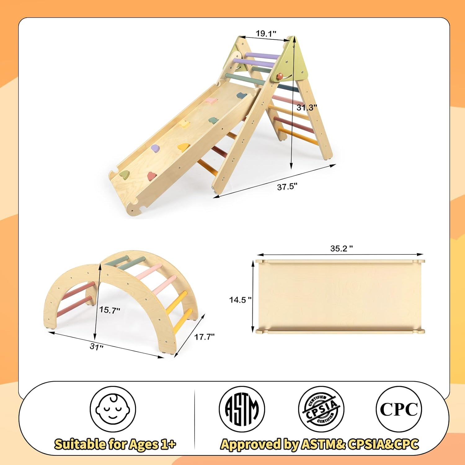 Pikler Triangle Set, Toddler Climbing Toys Indoor Playground, Wooden Montessori Climbing Toys for Toddlers 1-3 Inside image number 4