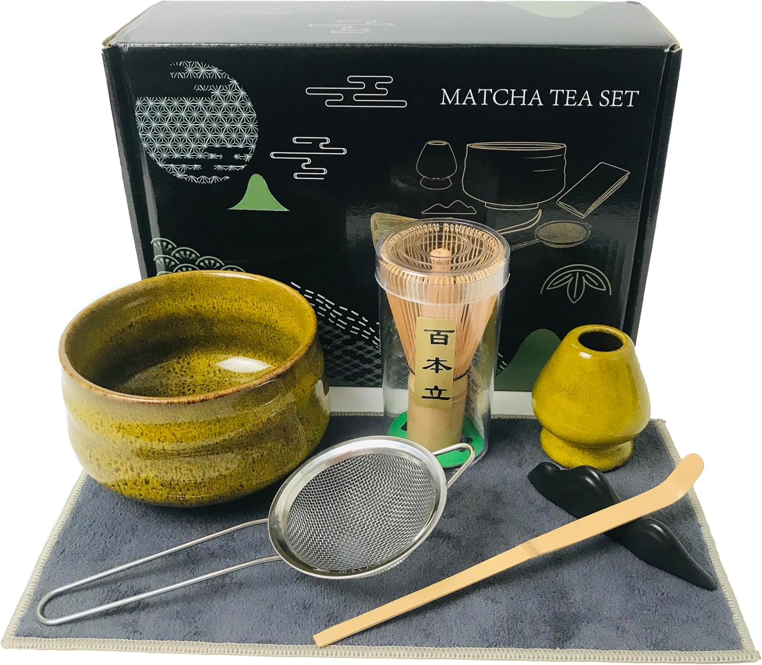 Japanese Matcha Tea Set with Whisk and Bowl (7Pcs) - Accessories, Latte Kit, Bamboo Whisk Stand - Perfect for Tea Ceremony (Kiln Glaze-Yellow) image number 3