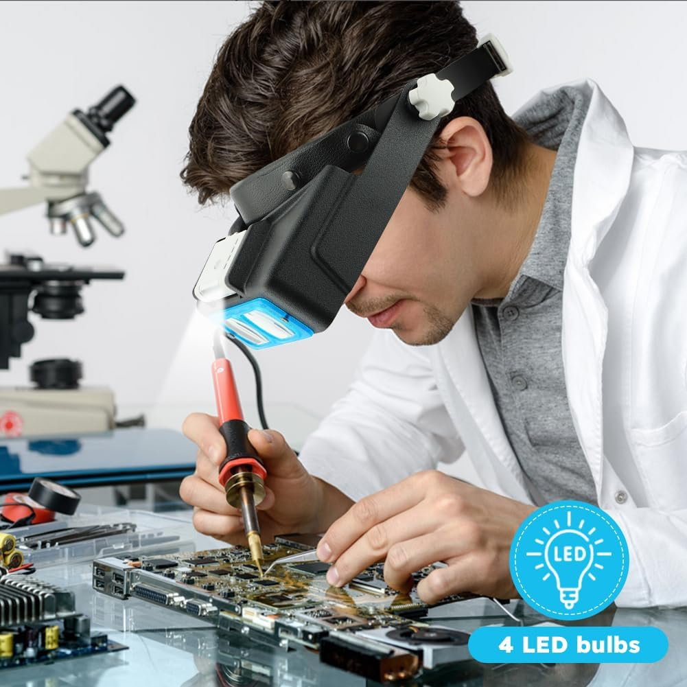 4 Lens Rechargeable Head-Mounted Magnifier with LED Light, Headband Magnifier, Rechareable 1.5X - 3.5X Optical Magnifying Headset for Close Work(Black,Size:6.2 X 2.6Inch) image number 5