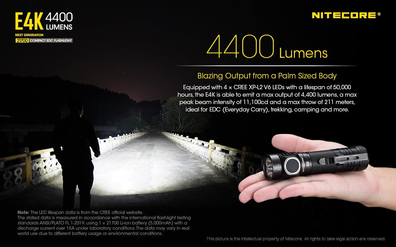 NITECORE E4K Compact Rechargeable Flashlight Torch for Outdoor and Camping, 4400 Lumens, Black