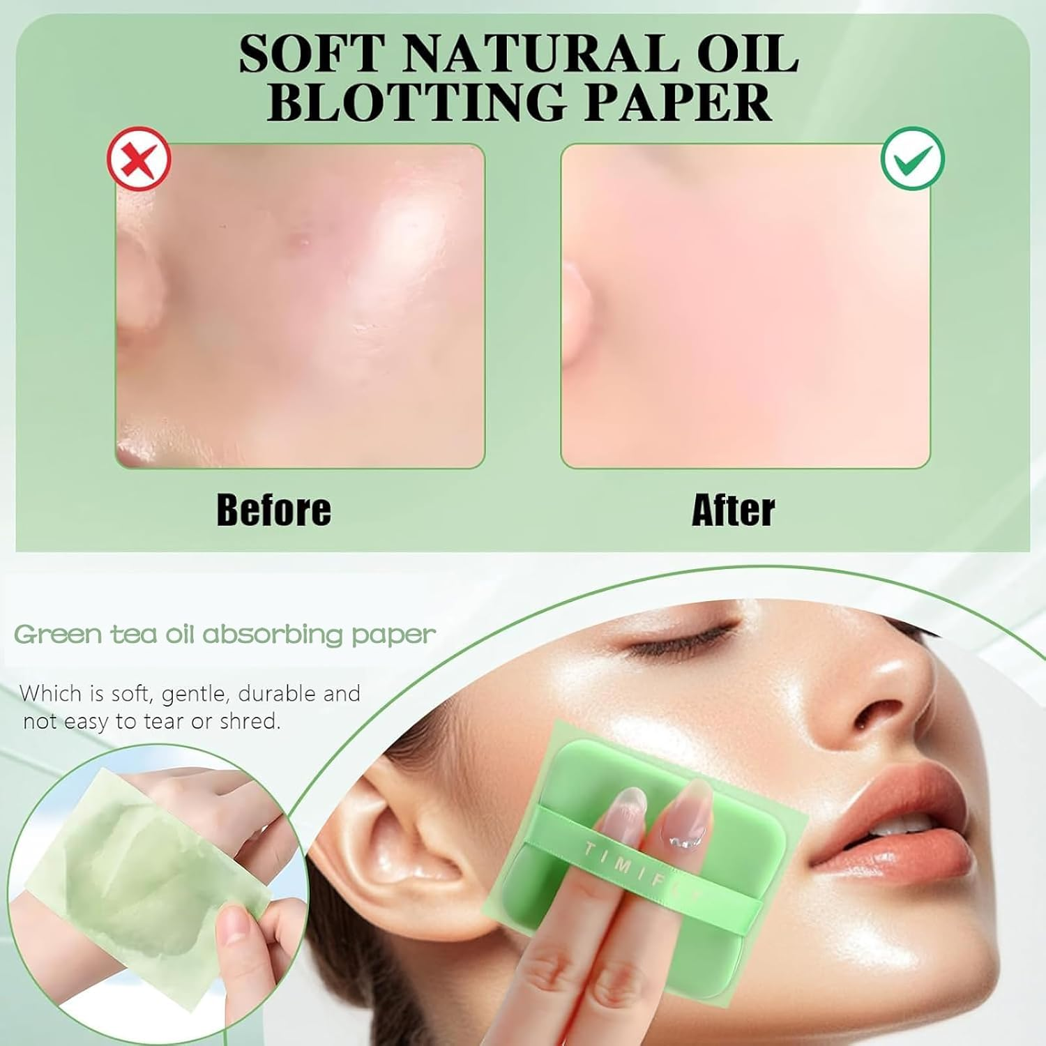 500 PCS Blotting Paper, Green Tea Facial Oil Absorbing Sheets for Oily Skin, Portable Pack with 4 Refills, Quick Shine Control for Work, Travel and Social Events image number 5