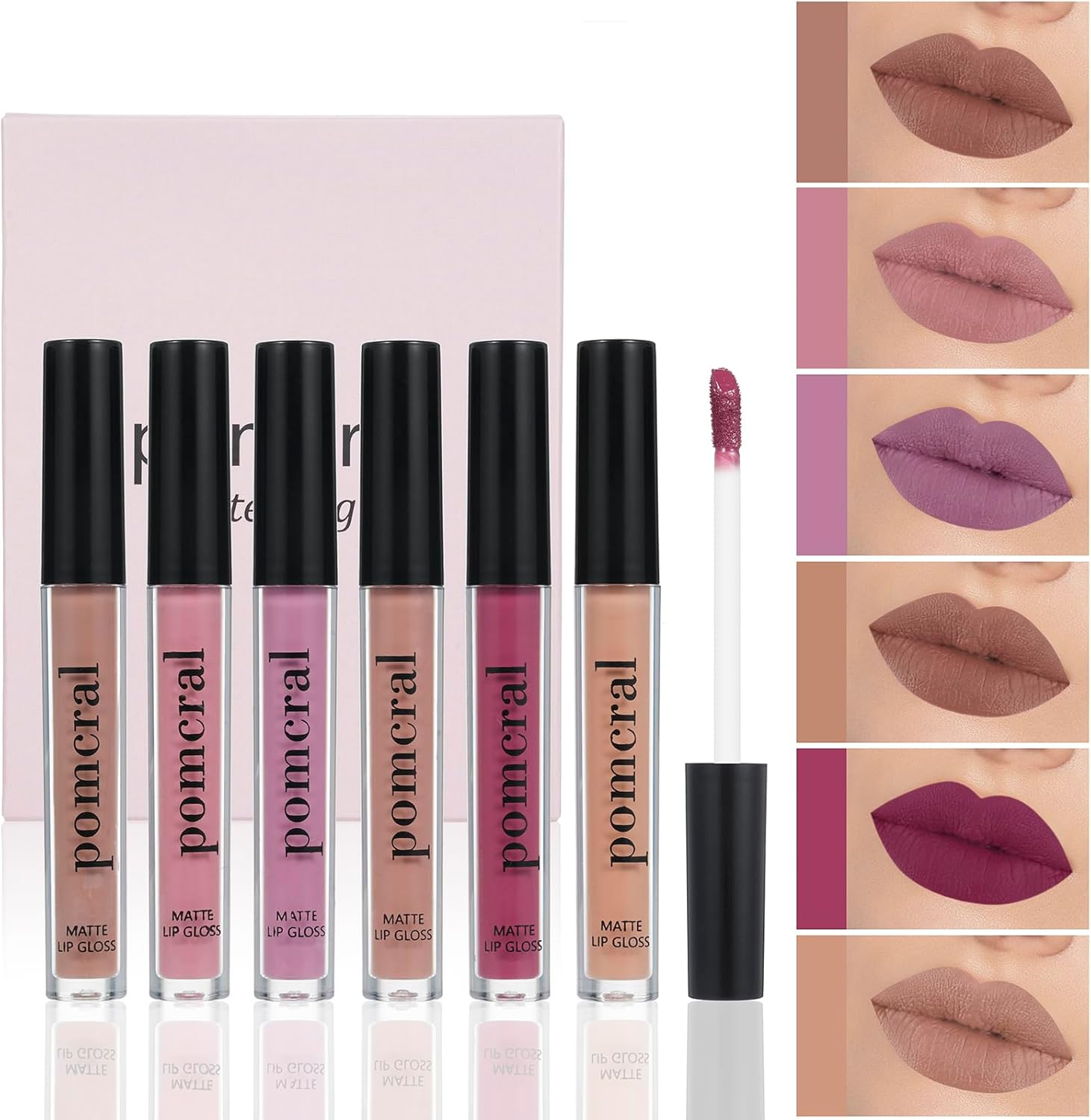 Pomcral Matte Lip Gloss Set, 6Pcs Lip Gloss for Women, Nude Lip Stain Long Lasting Smooth Lip Tint, Lip Gloss for Girls, Liquid Lipstick Gift Set
