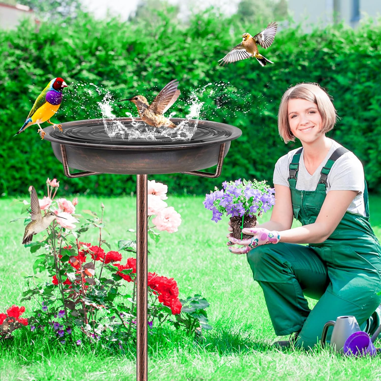 Metal Bird Bath for outside Garden Birdbath Bowl, 36.2" Height Freestanding Bird Feeders for Outdoors with 4 Prongs Base Stake, Standing Birdfeeders for Yard Lawn Decor (Retro Copper) - Retro Blue image number 3