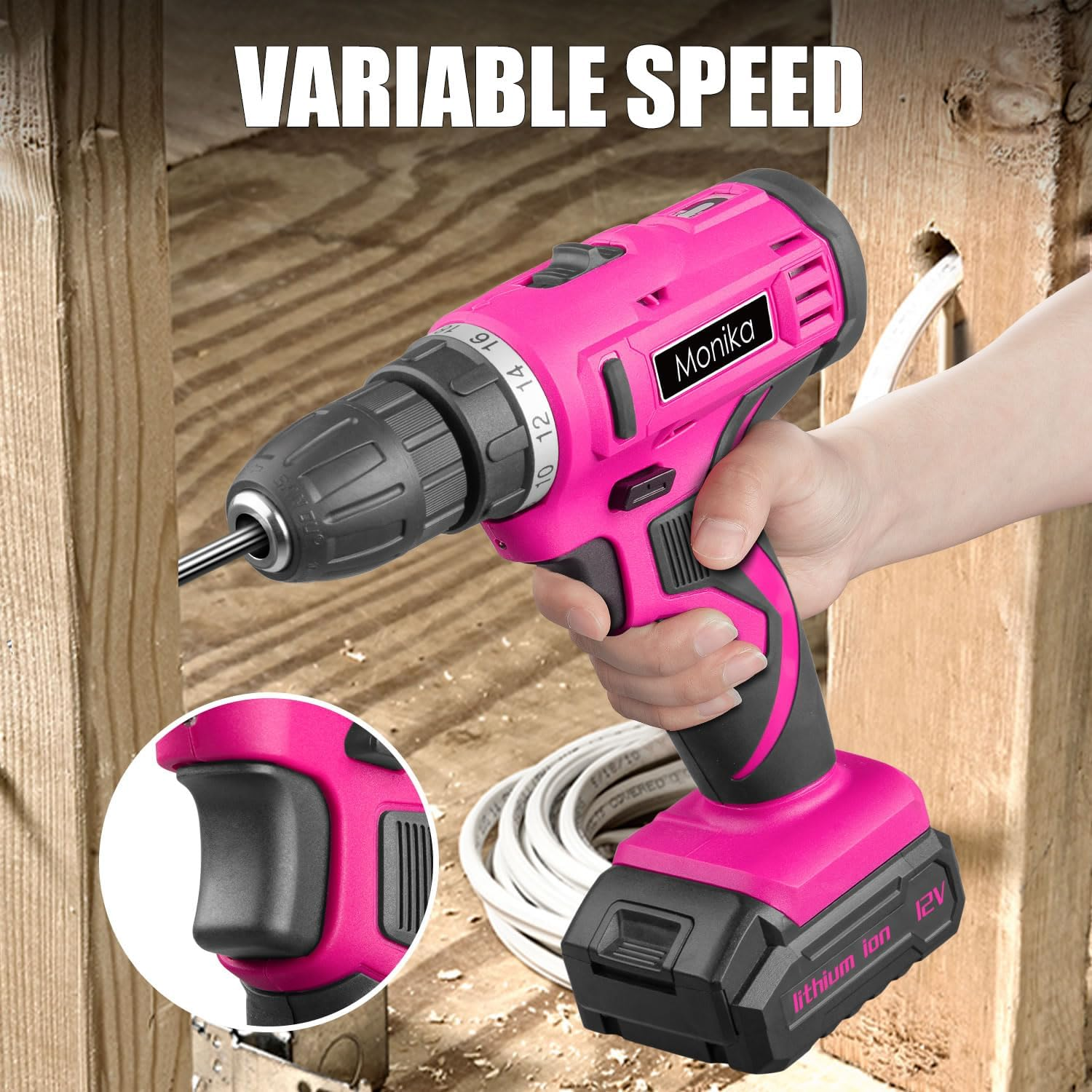 Monika 12V Pink Lithium Cordless Drill Bit Set Kits Screw Bits Sockets 18+1 Torque Setting, LED Light, Electric Power Drill Driver for Home, Office DIY and Wall Drilling, Wood, Metal W/Battery image number 3